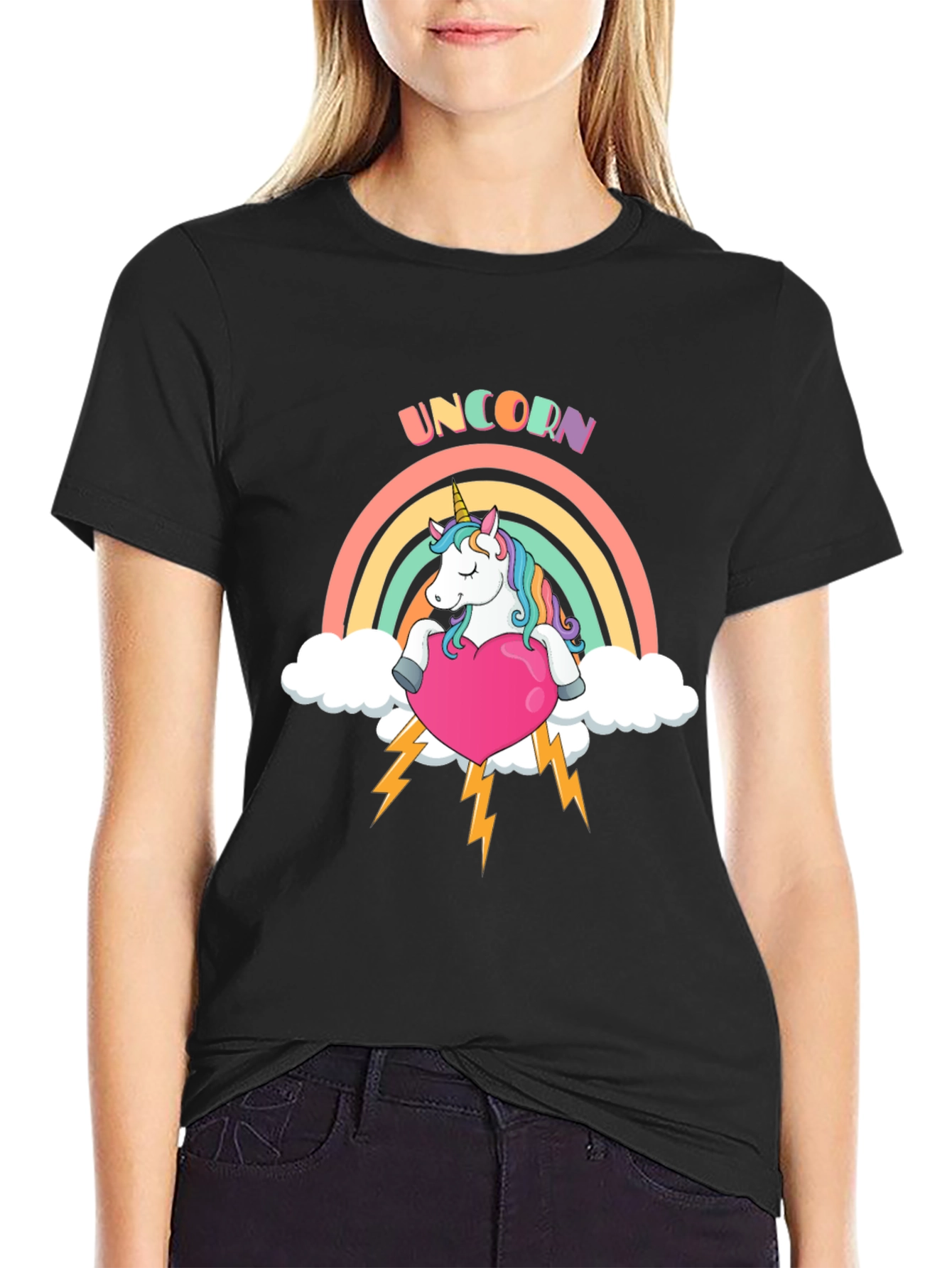 Unicorn Rainbow Heart Black T-Shirt