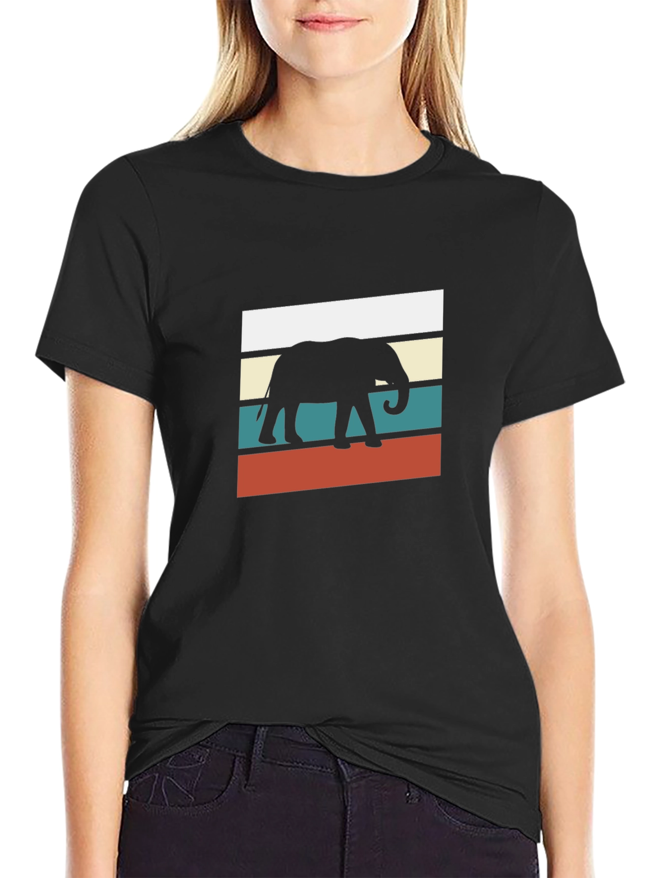 Retro Elephant Graphic Tee - Black Cotton Blend