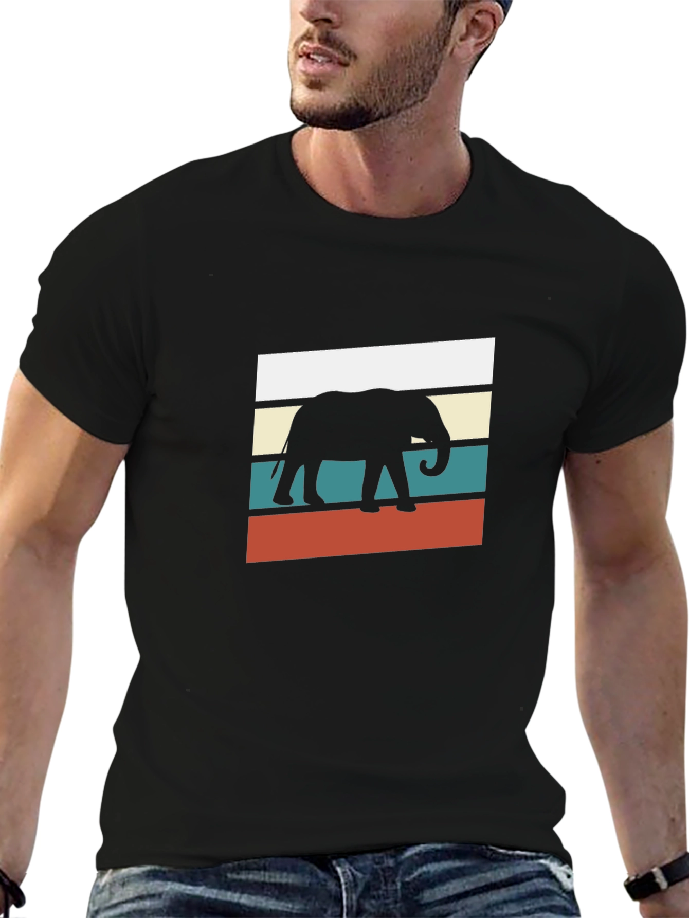 Retro Elephant Graphic Tee - Black Cotton Blend