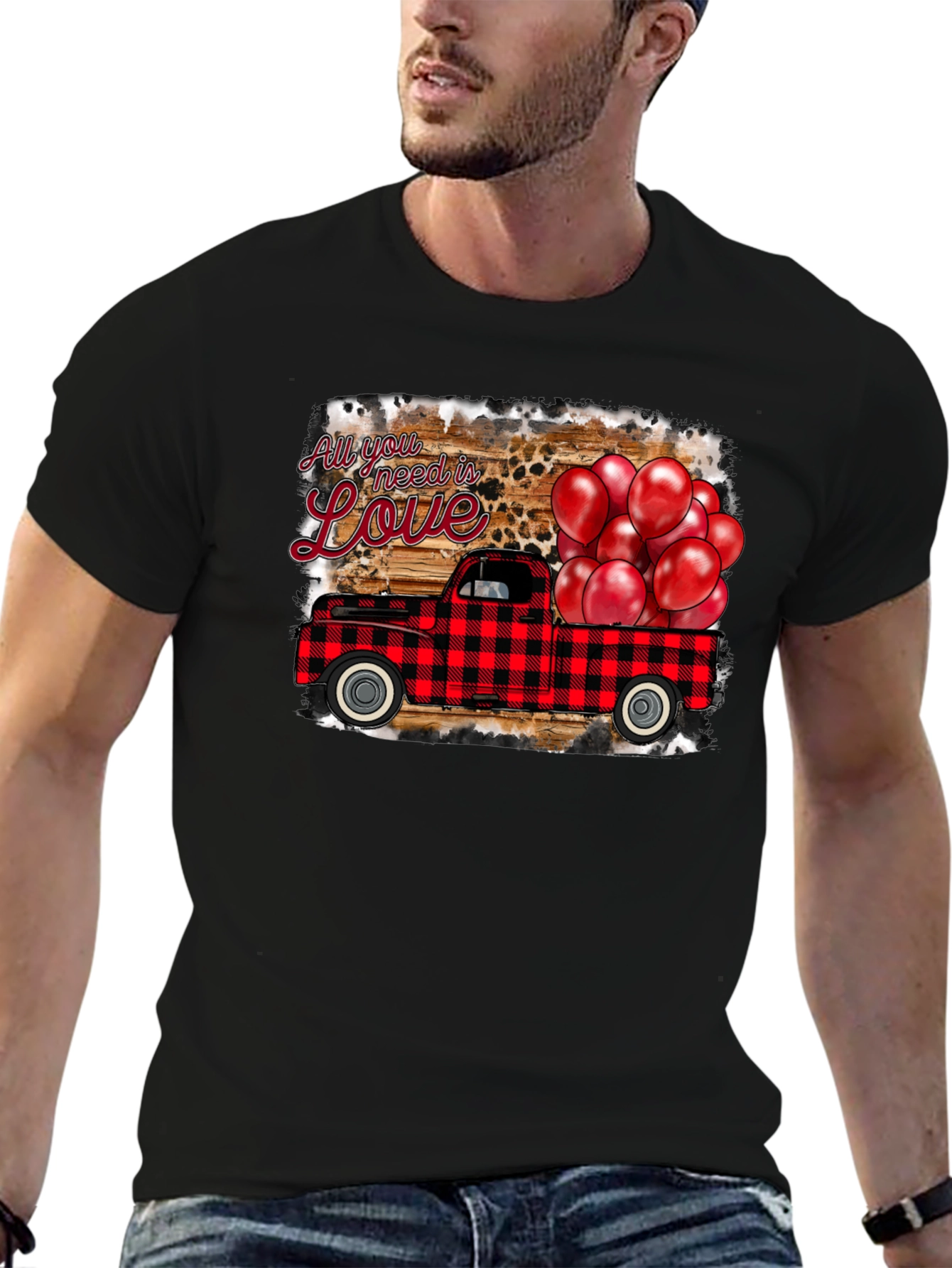 Valentines Buffalo Plaid Truck Love Graphic T-Shirt