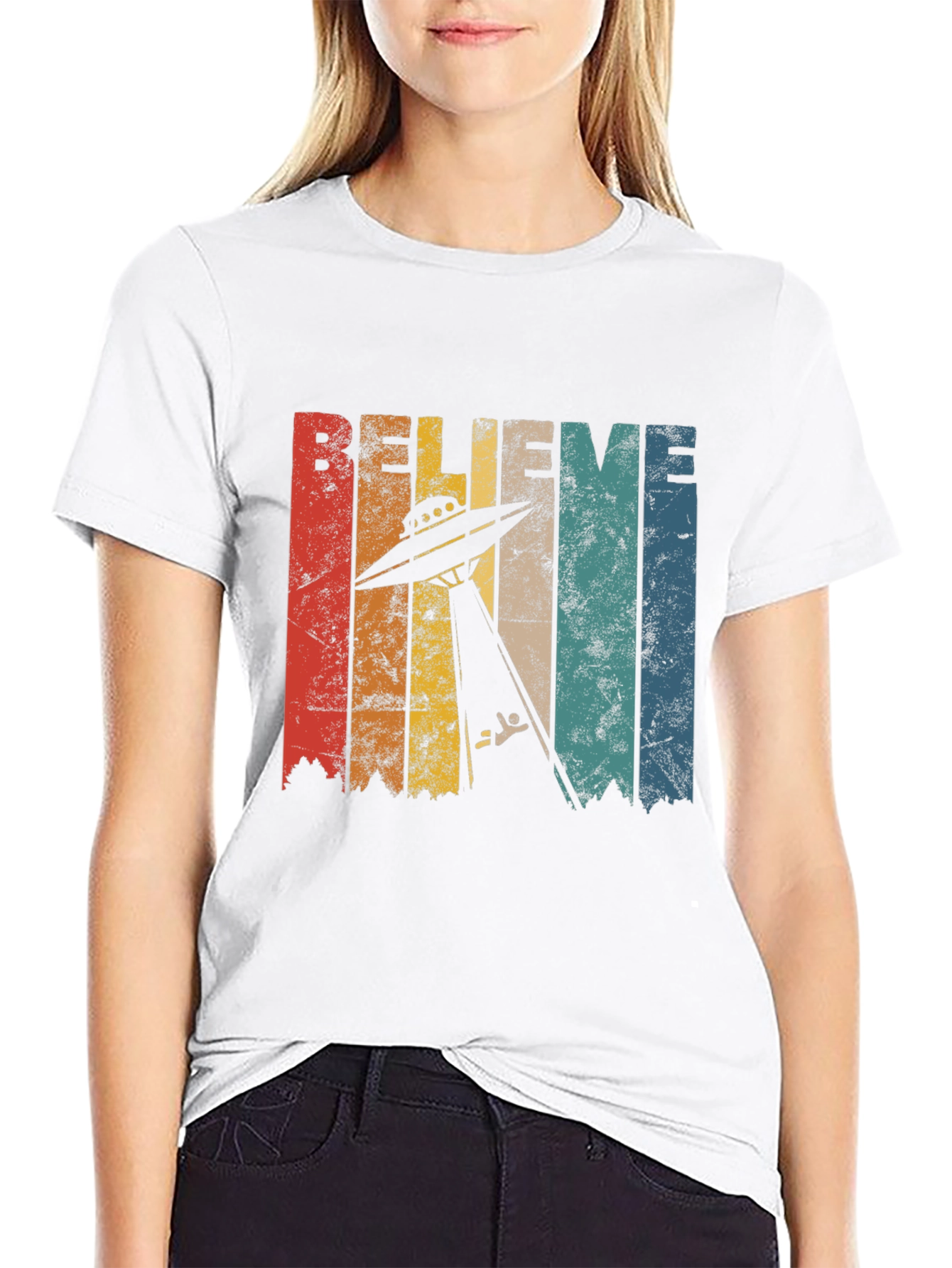 Believe UFO Abduction Retro Style Graphic T-Shirt