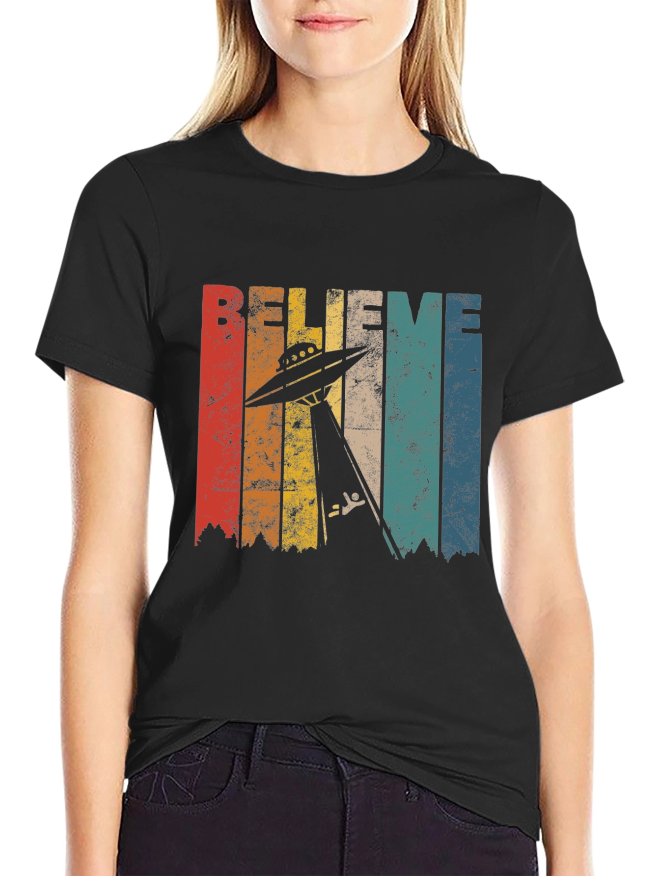 Believe UFO Abduction Retro Style Graphic T-Shirt