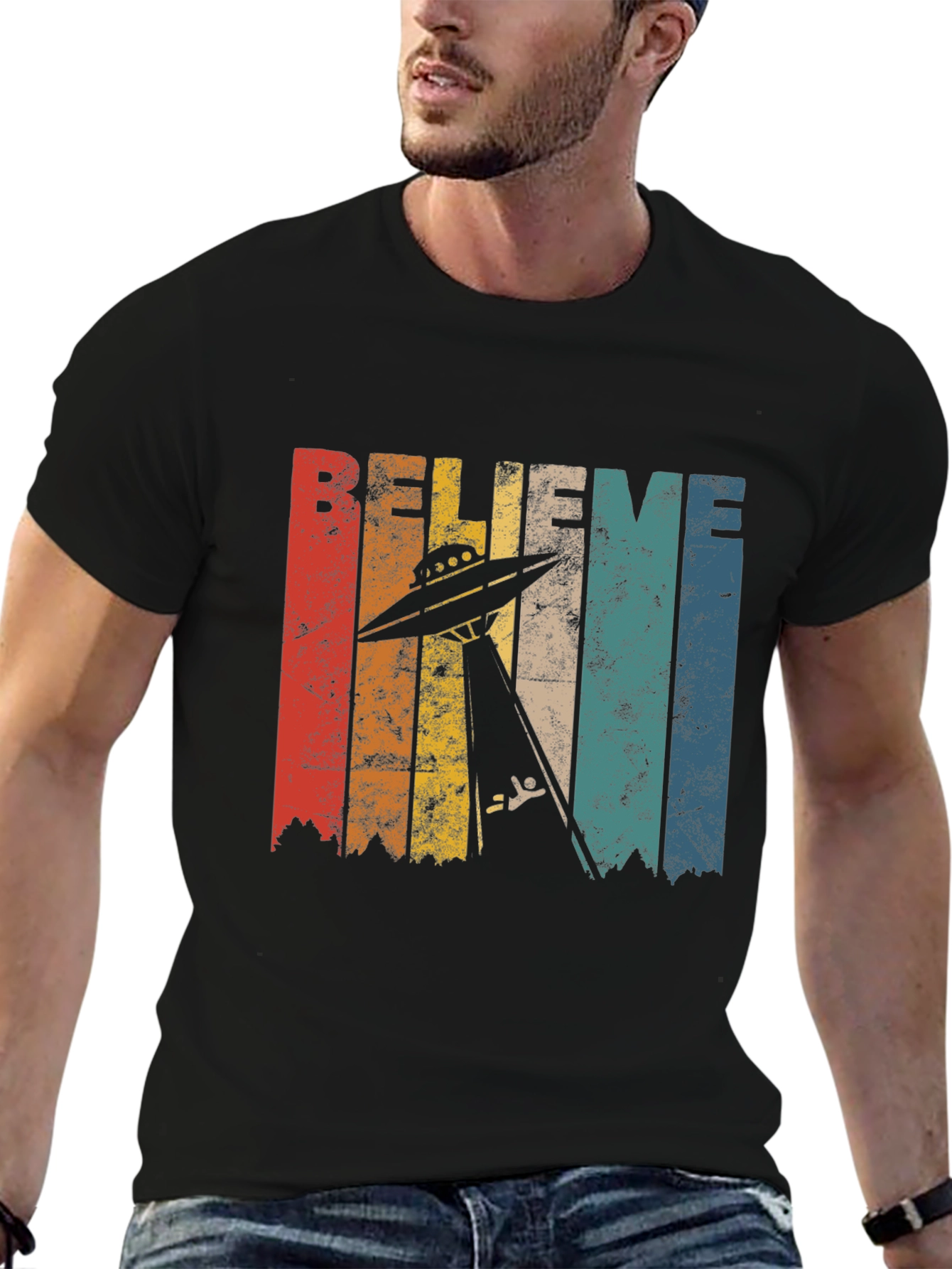 Believe UFO Abduction Retro Style Graphic T-Shirt
