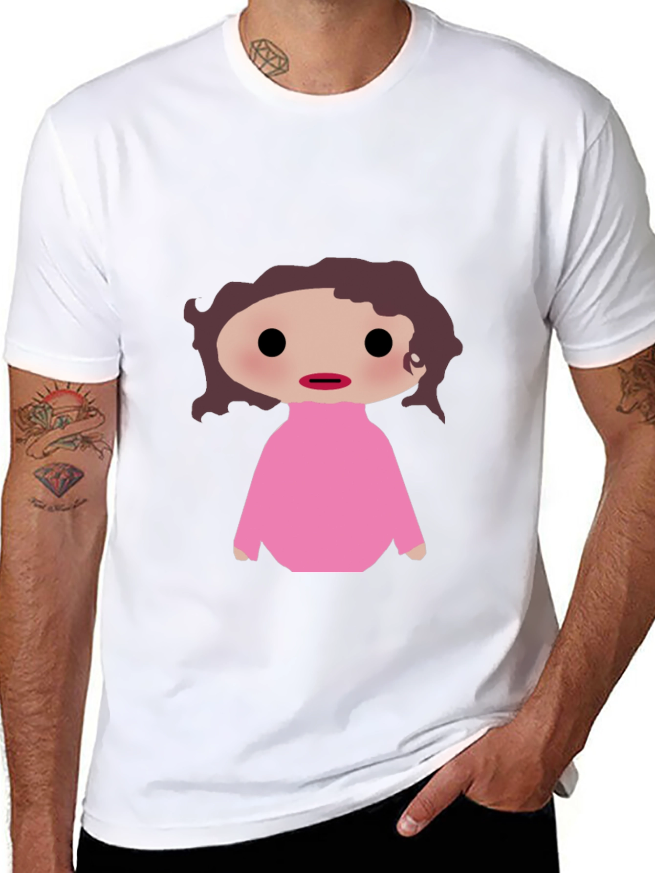 Cartoon Girl Pink Sweater Black T-Shirt