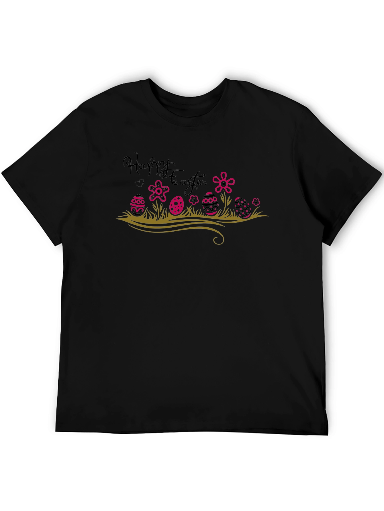 Happy Easter T-Shirt Easter Eggs and Flowers Black Tee