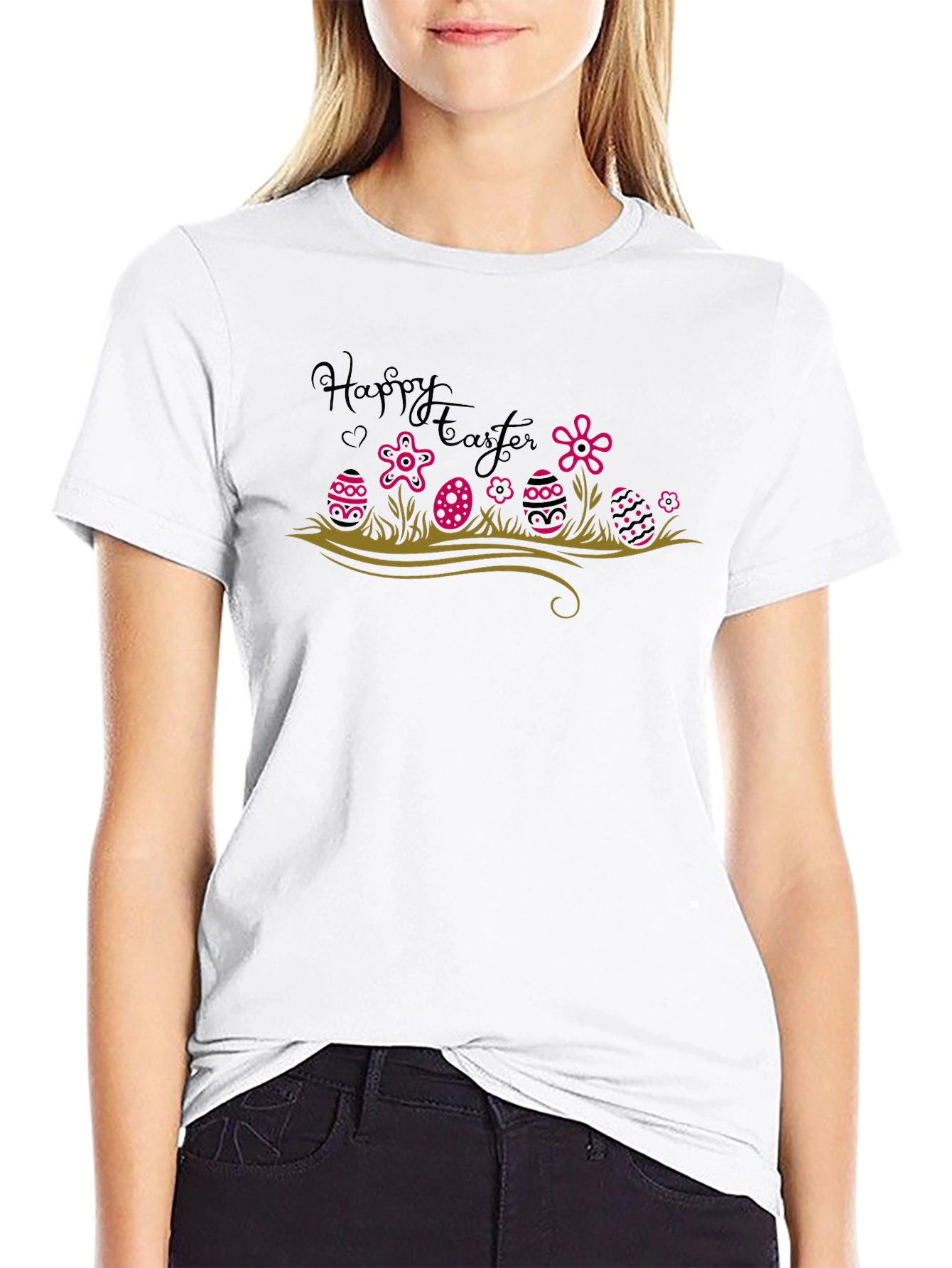 Happy Easter T-Shirt Easter Eggs and Flowers Black Tee