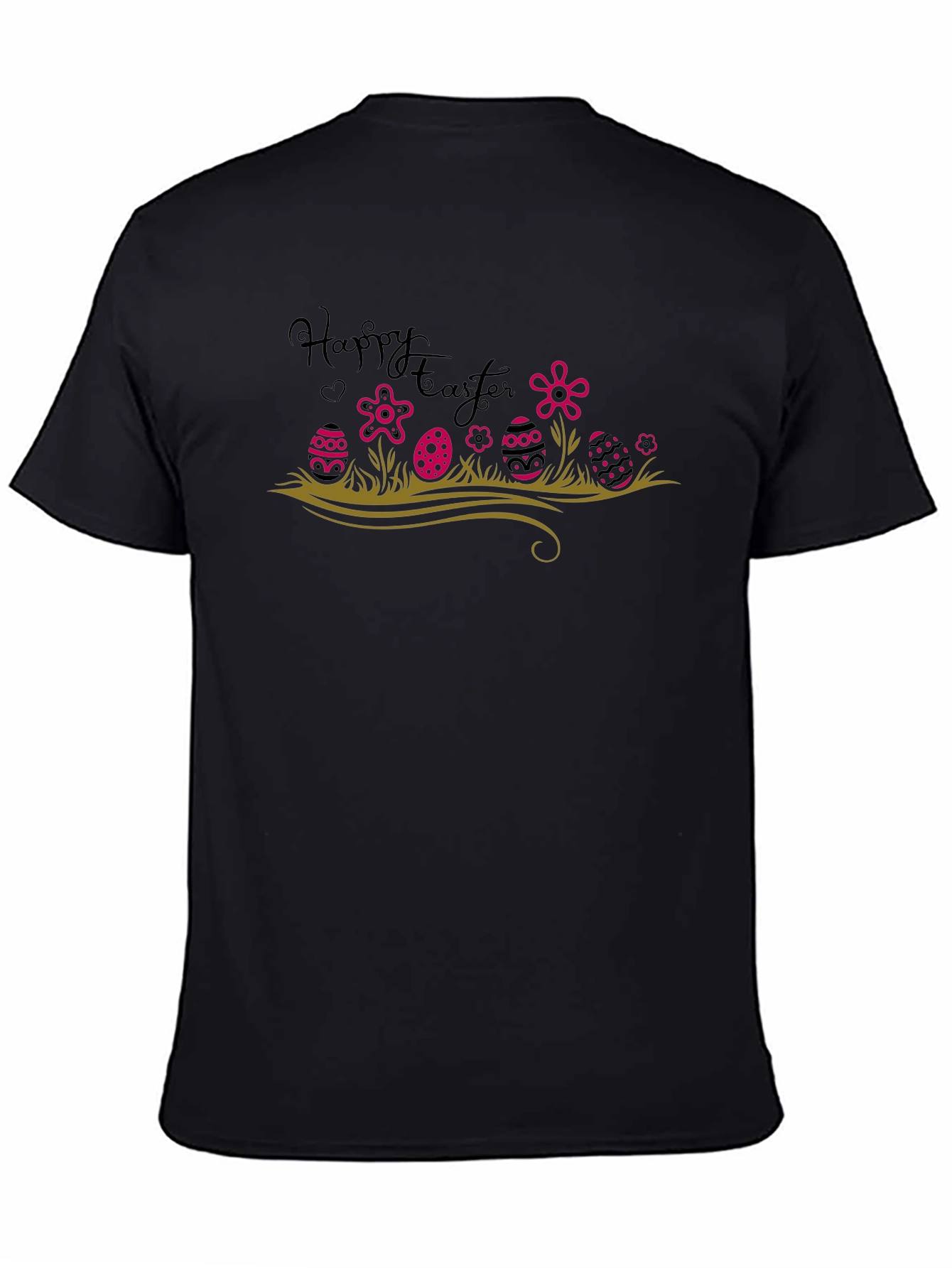 Happy Easter T-Shirt Easter Eggs and Flowers Black Tee