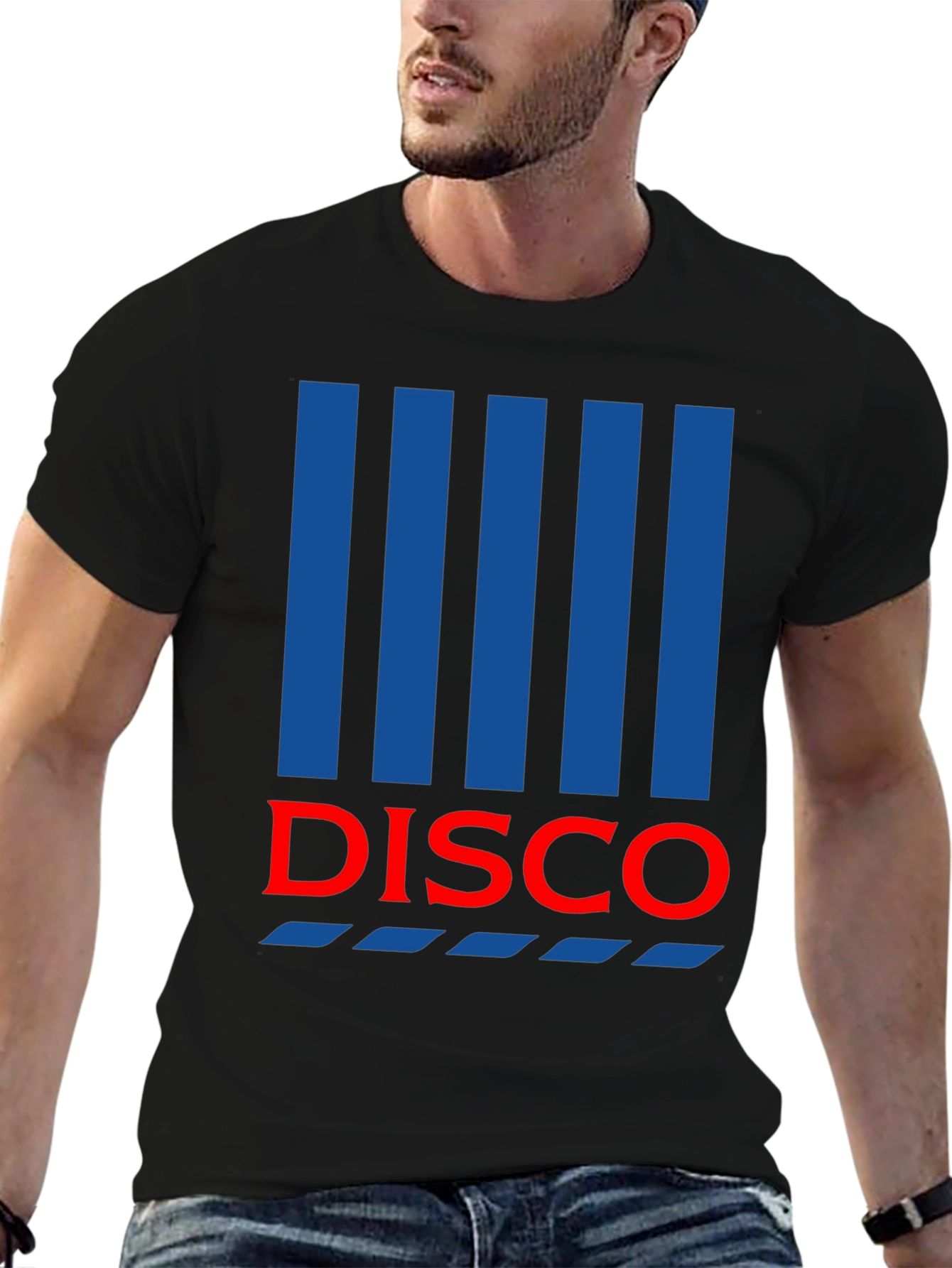 Retro Disco T-Shirt - Black with Blue Stripes