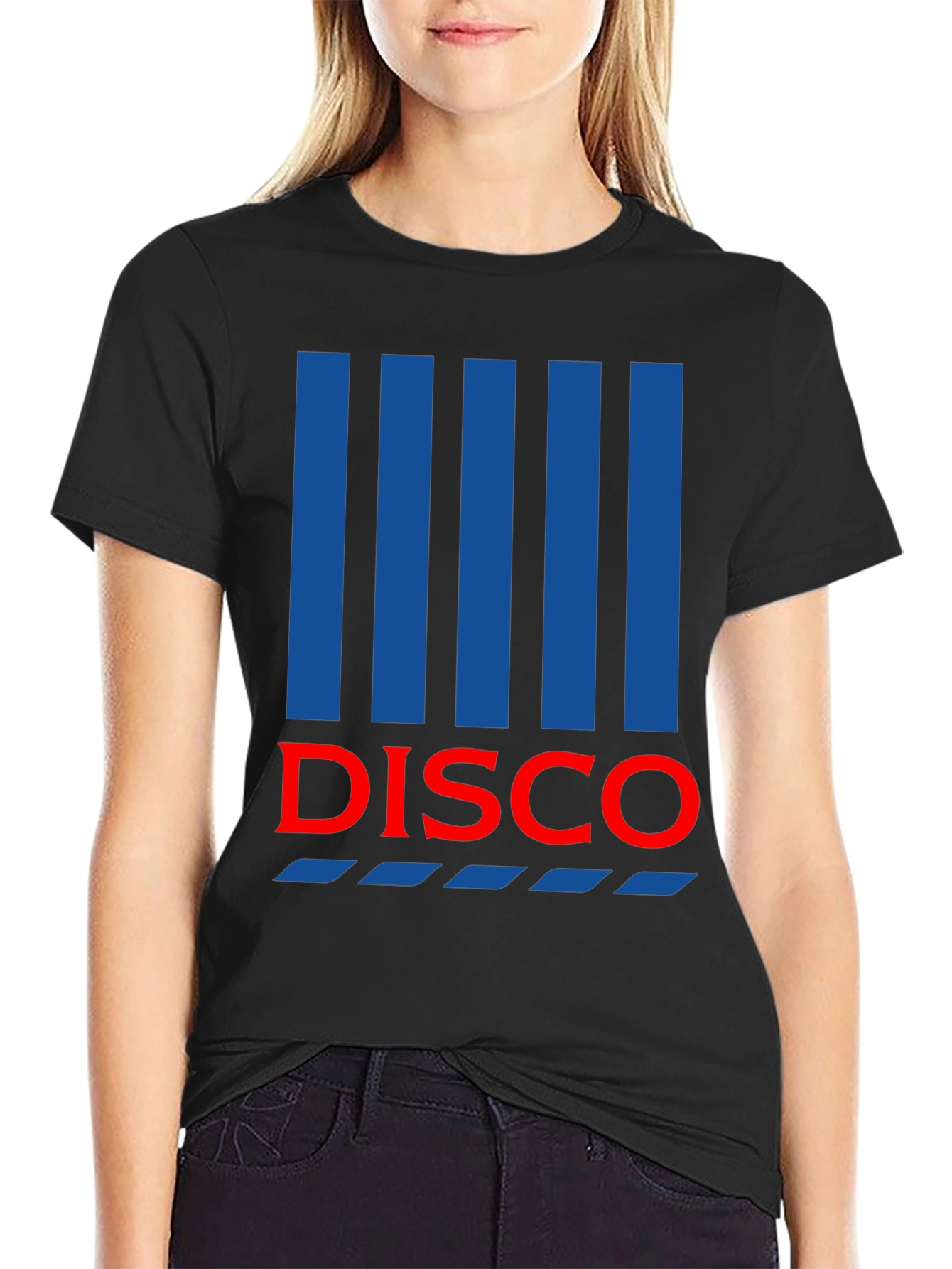 Retro Disco T-Shirt - Black with Blue Stripes