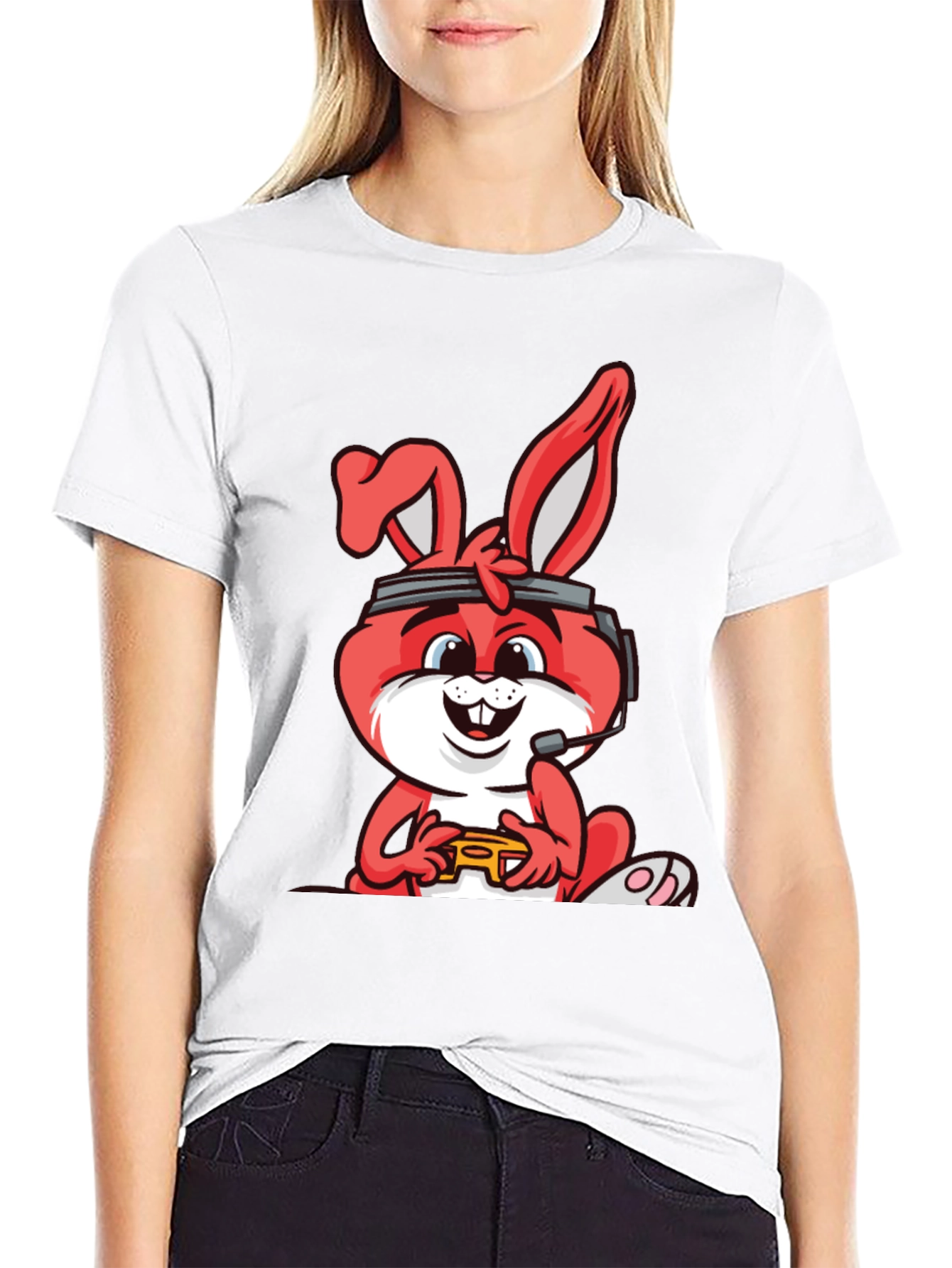 Gamer Bunny Graphic Tee - Black Cotton T-Shirt