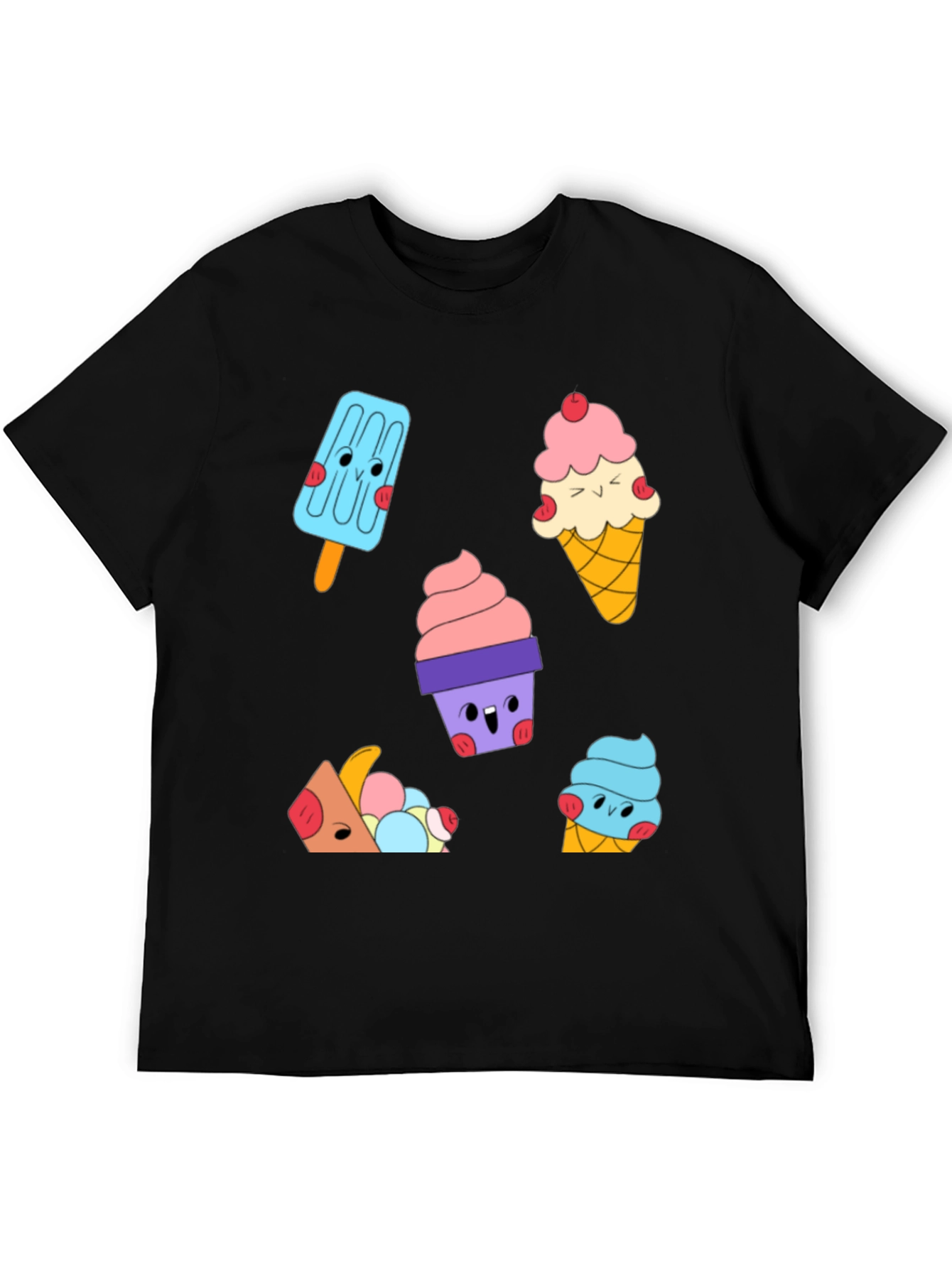 Cute Cartoon Ice Cream Graphic Black T-Shirt