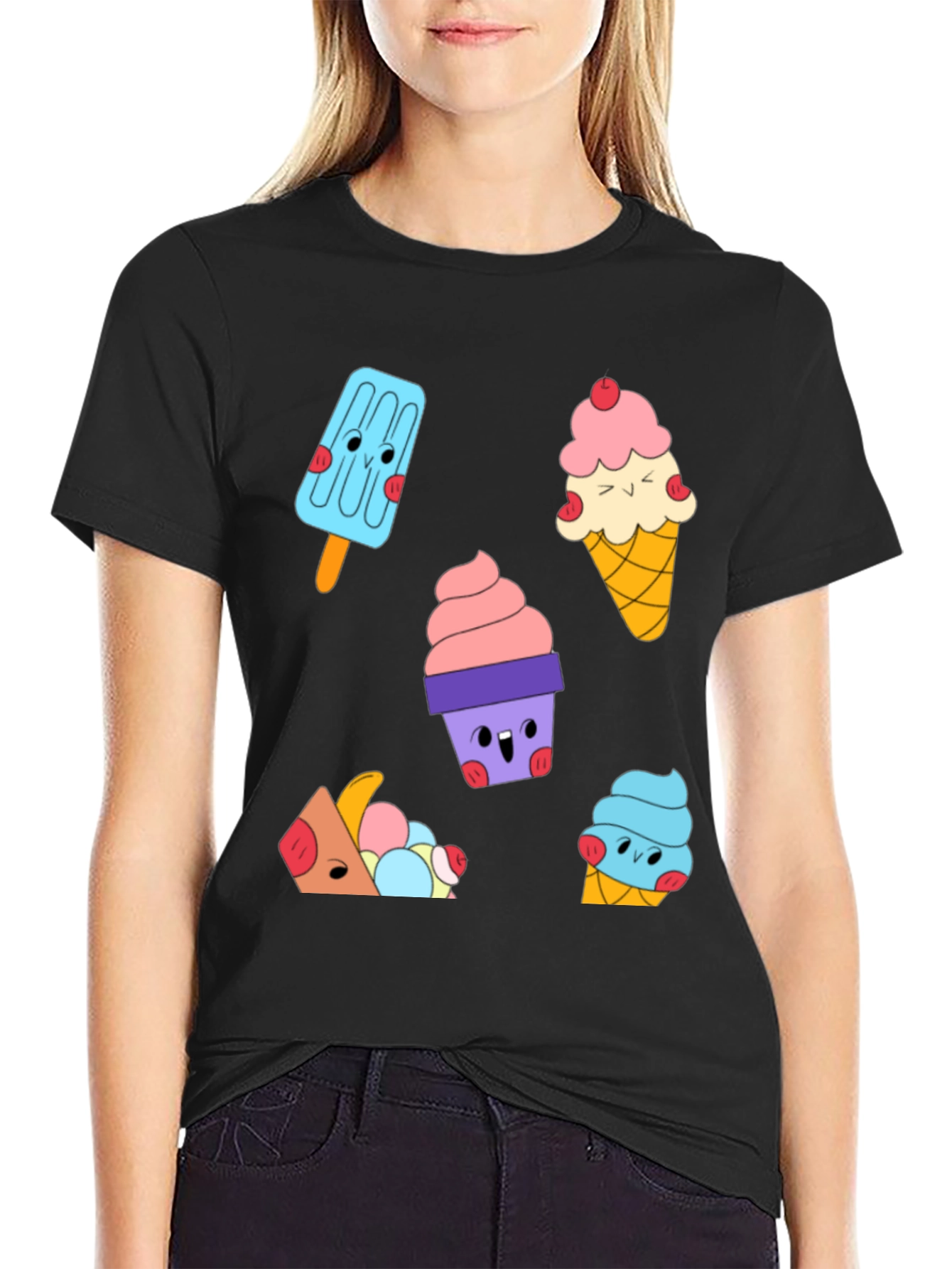 Cute Cartoon Ice Cream Graphic Black T-Shirt