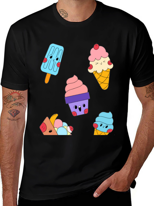 Cute Cartoon Ice Cream Graphic Black T-Shirt