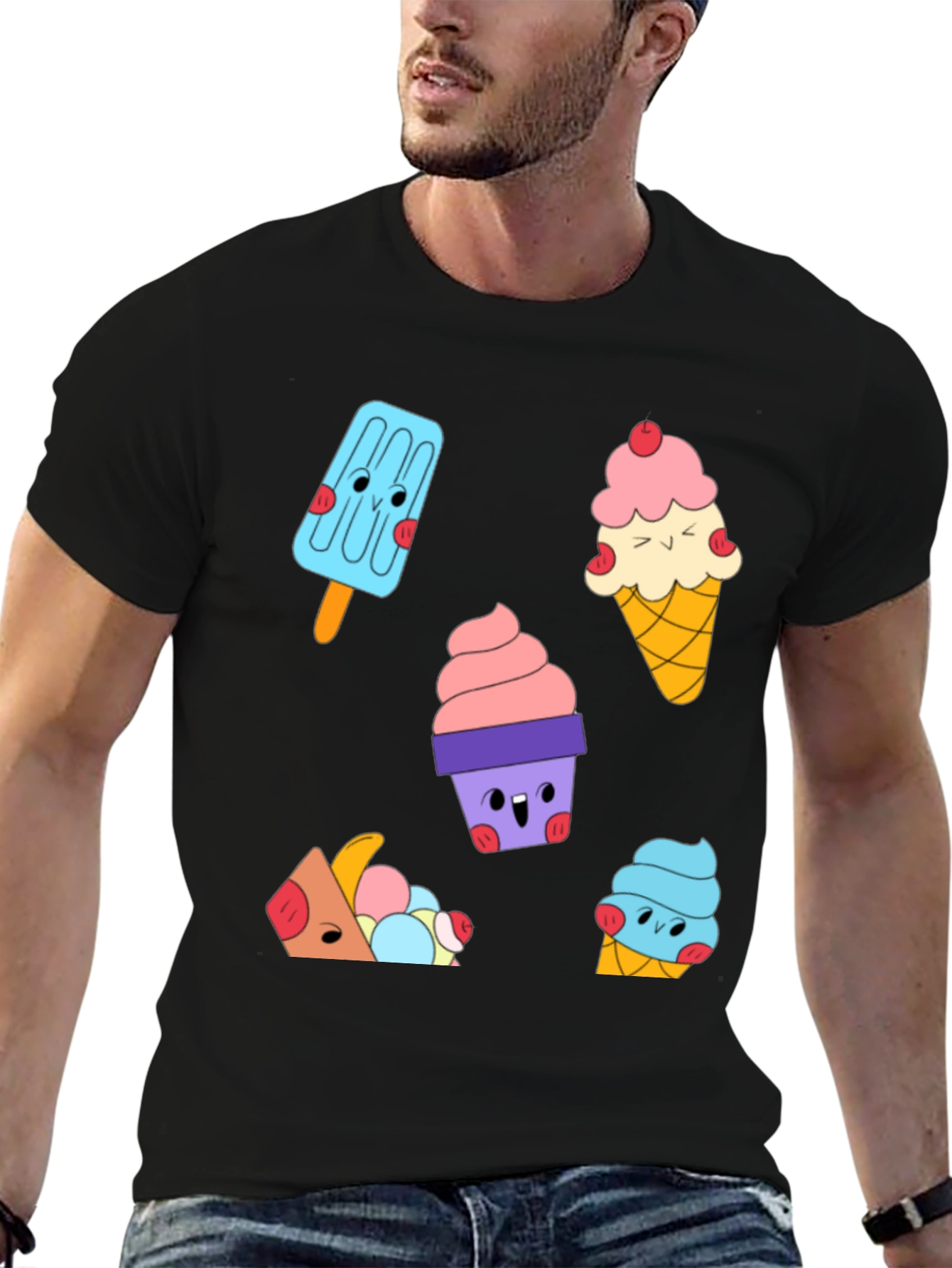 Cute Cartoon Ice Cream Graphic Black T-Shirt