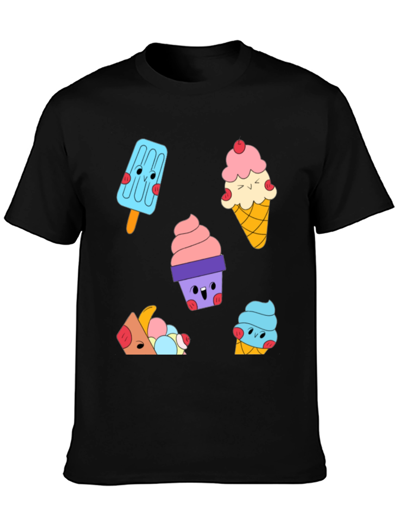 Cute Cartoon Ice Cream Graphic Black T-Shirt