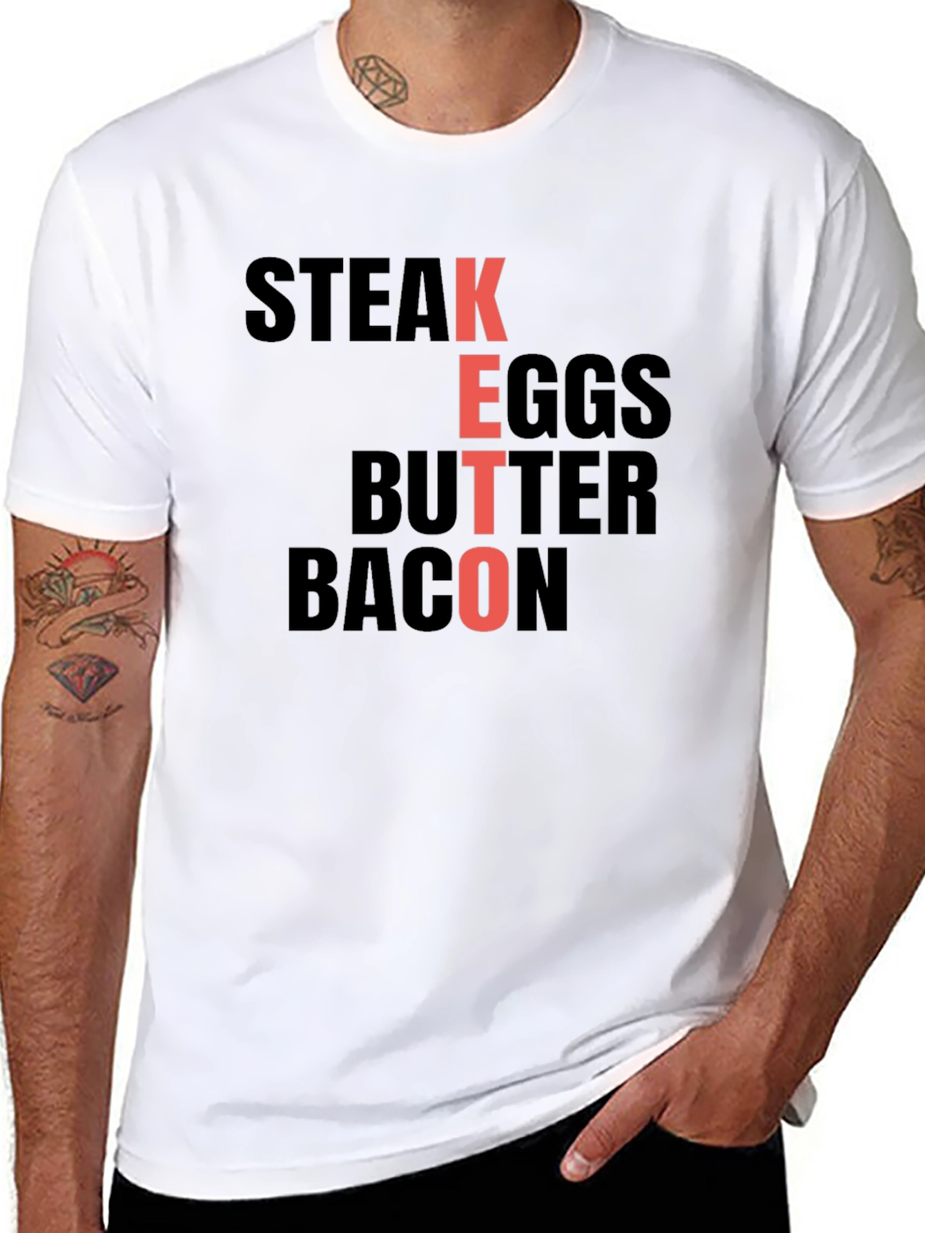 Keto Diet Food T-Shirt: Steak Eggs Butter Bacon
