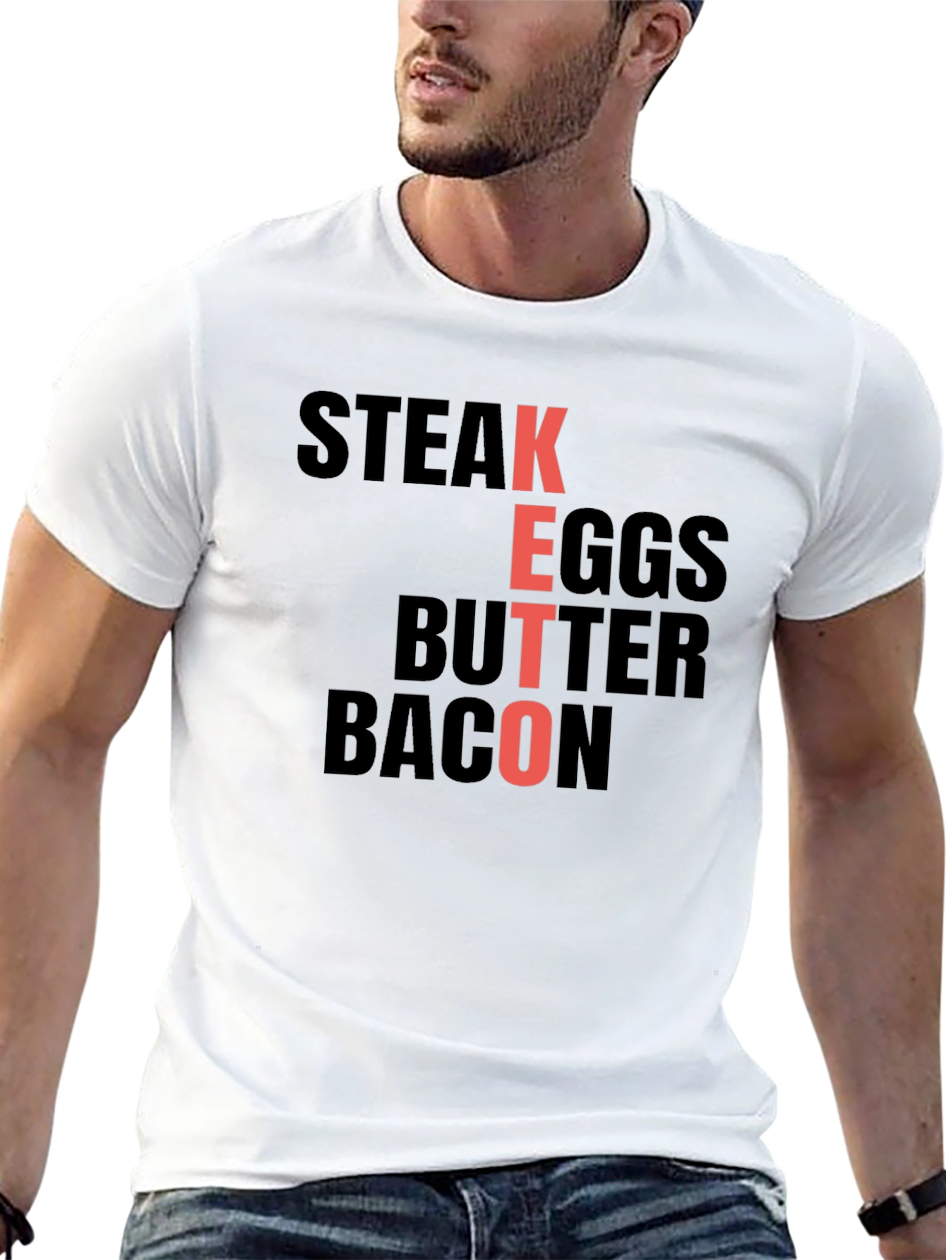Keto Diet Food T-Shirt: Steak Eggs Butter Bacon