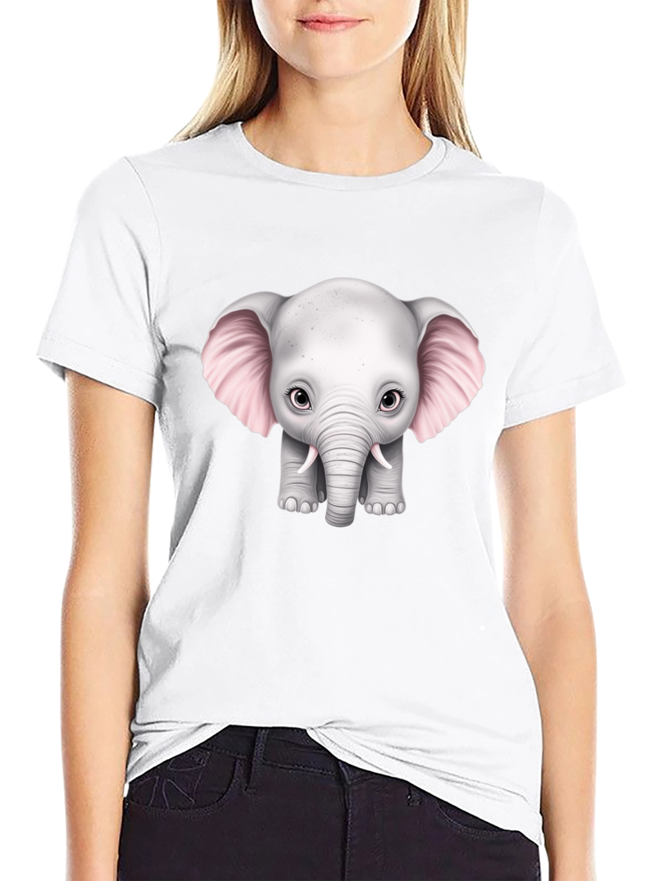 Cute Baby Elephant Graphic Tee - Black Cotton T-Shirt