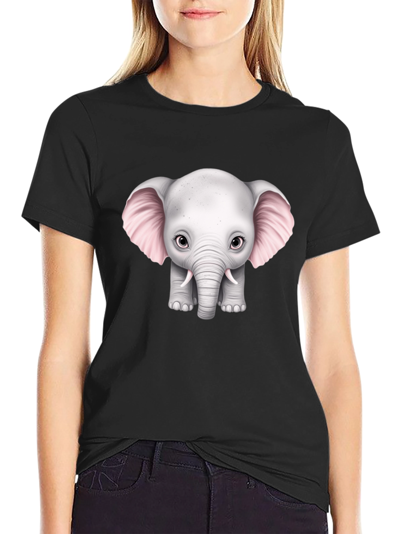 Cute Baby Elephant Graphic Tee - Black Cotton T-Shirt