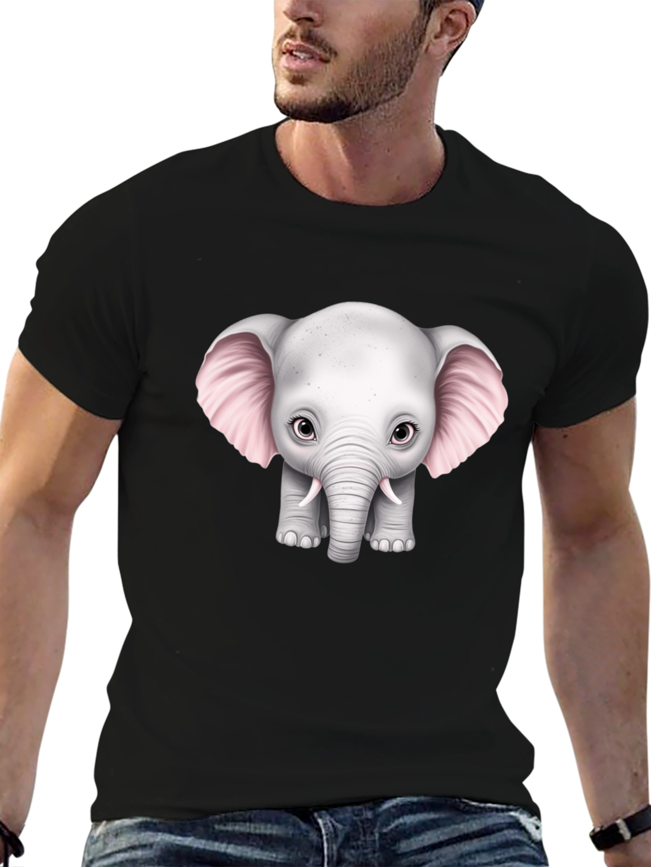 Cute Baby Elephant Graphic Tee - Black Cotton T-Shirt