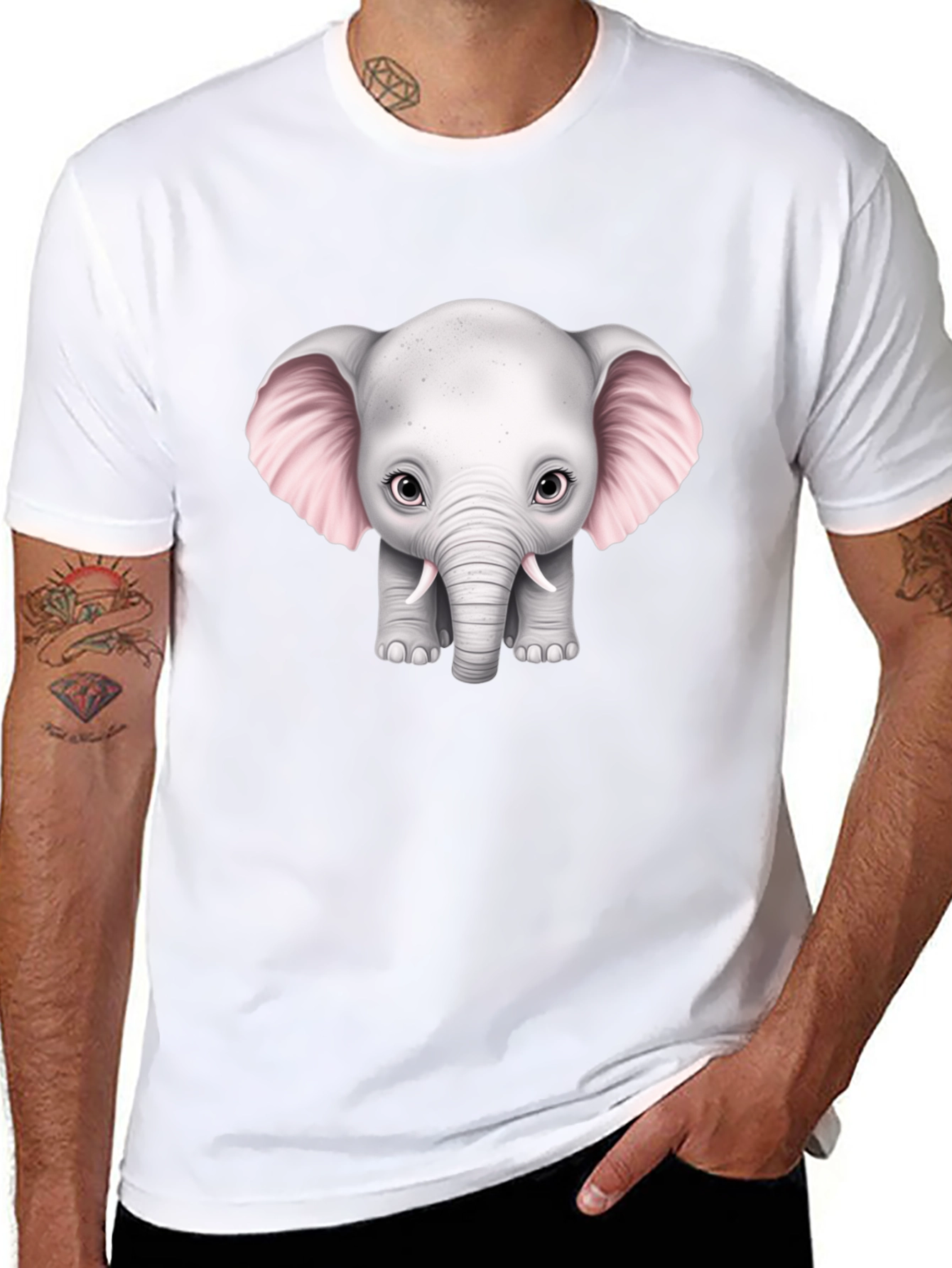 Cute Baby Elephant Graphic Tee - Black Cotton T-Shirt