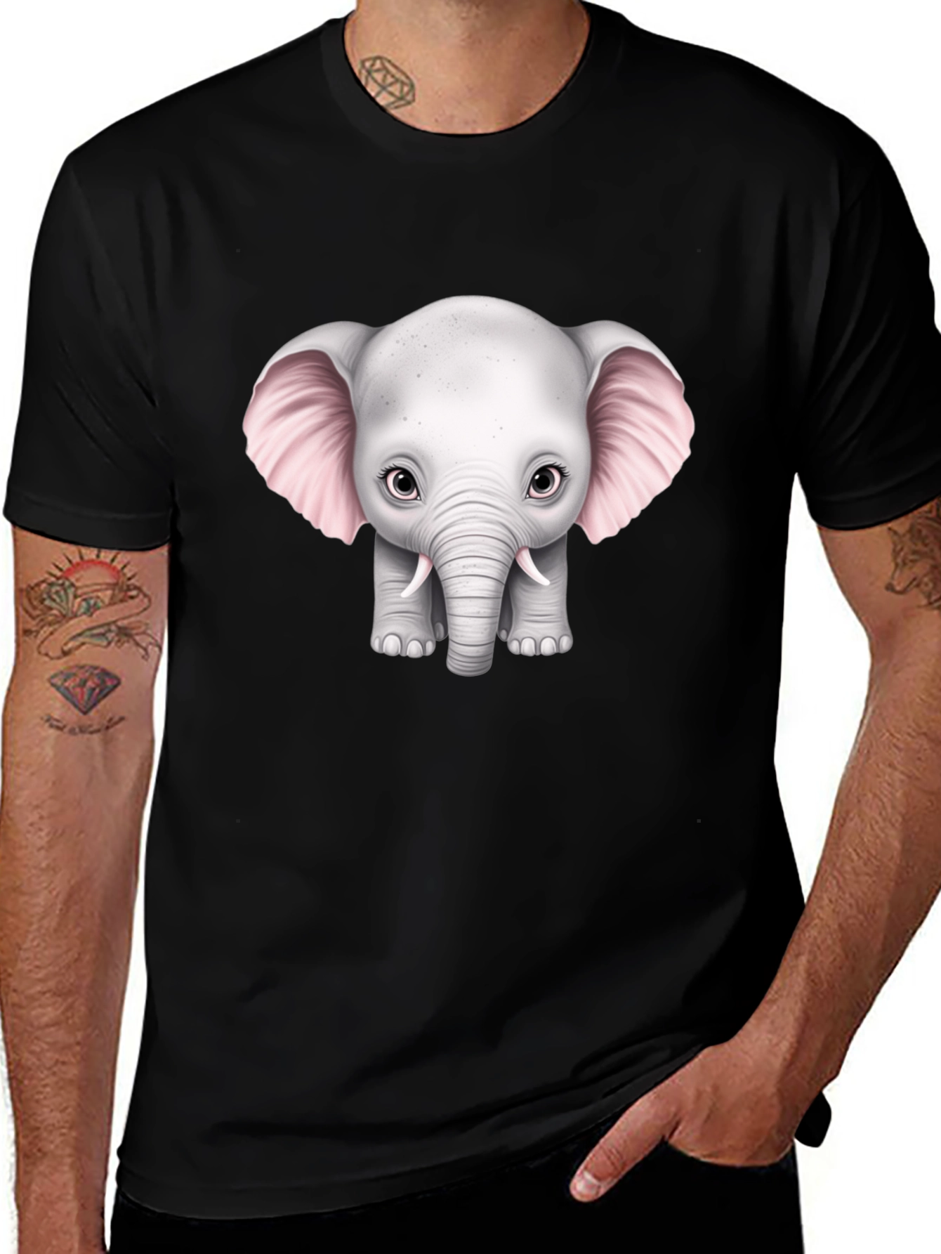 Cute Baby Elephant Graphic Tee - Black Cotton T-Shirt