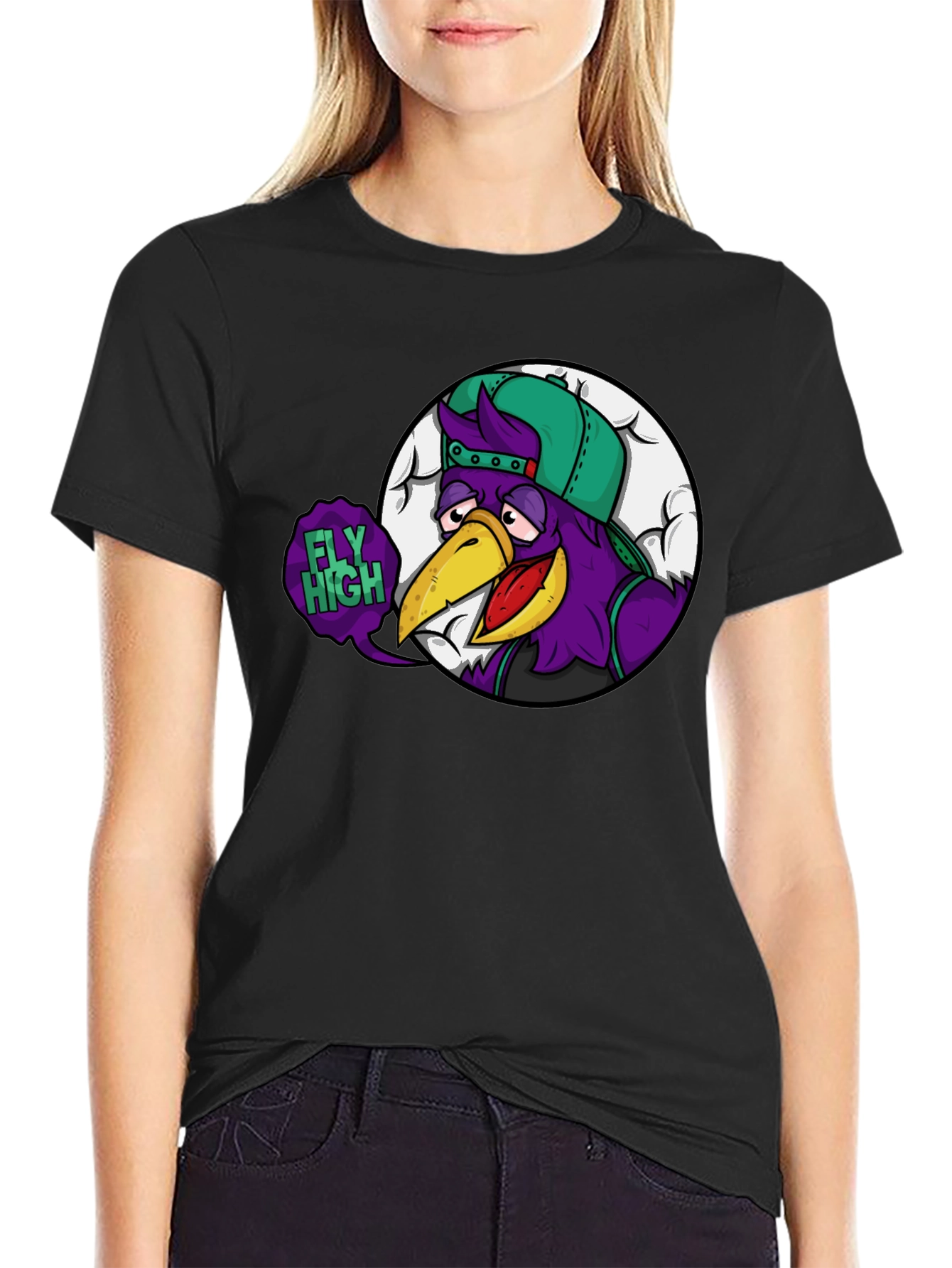 Fly High Cartoon Graphic Black T-Shirt