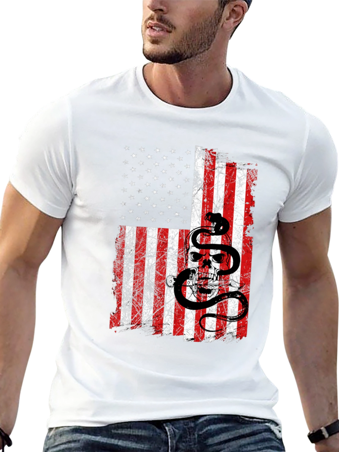American Flag Skull & Snake Graphic T-Shirt