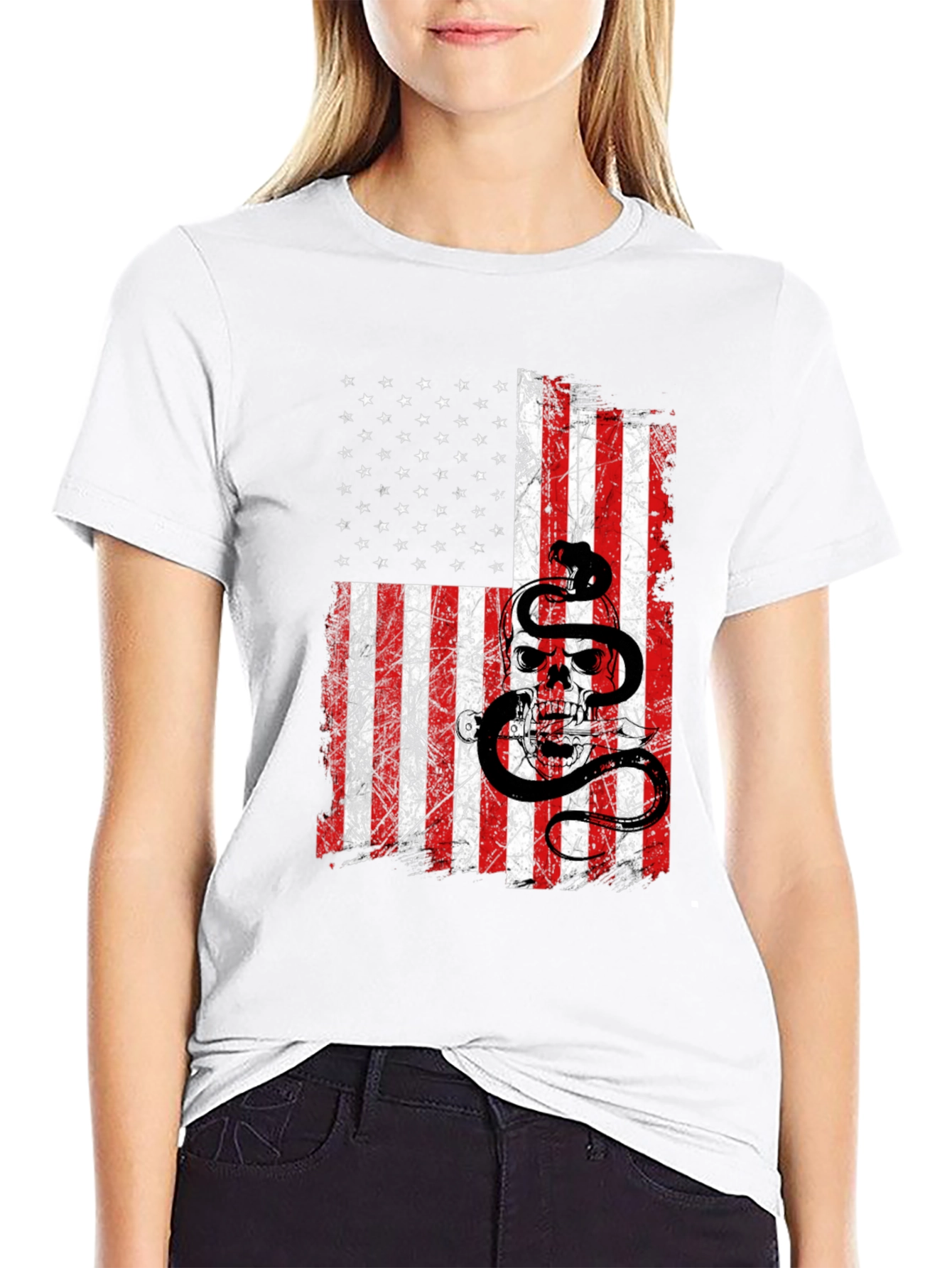 American Flag Skull & Snake Graphic T-Shirt