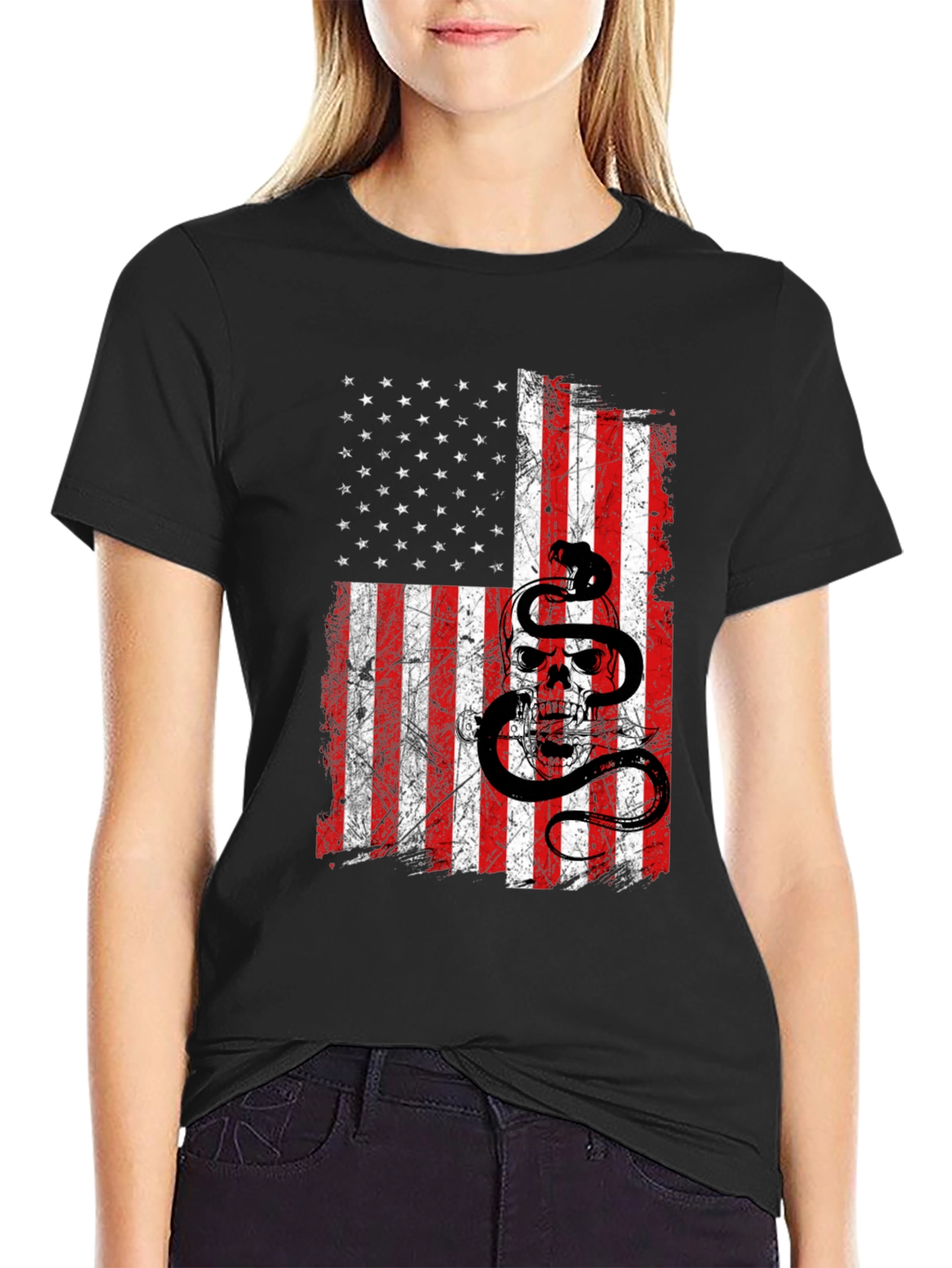 American Flag Skull & Snake Graphic T-Shirt