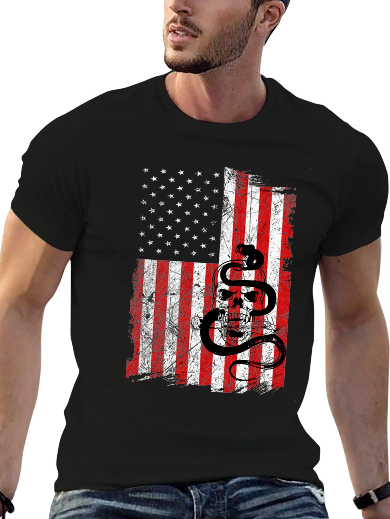 American Flag Skull & Snake Graphic T-Shirt