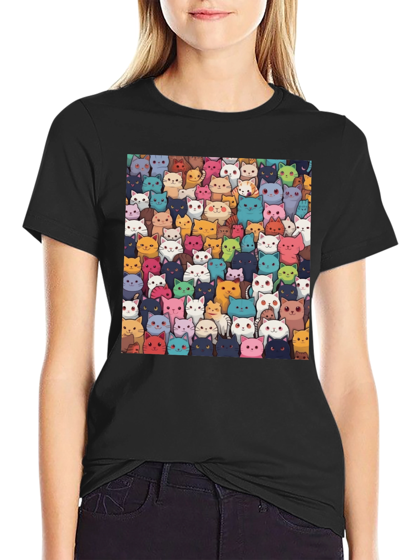 Cartoon Cats Graphic T-Shirt - Unisex Black Tee