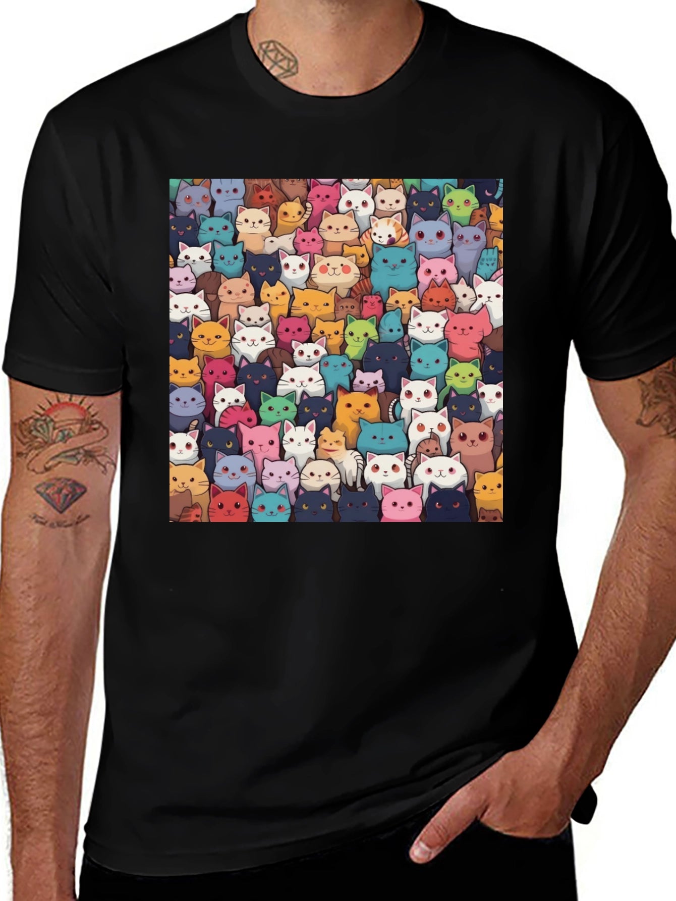Cartoon Cats Graphic T-Shirt - Unisex Black Tee