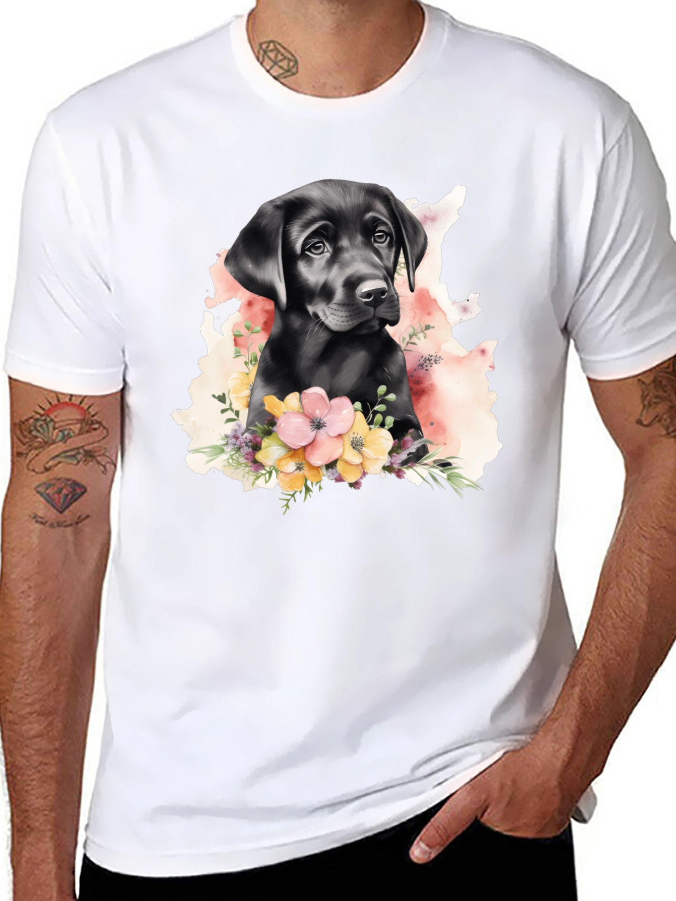 Labrador Puppy Floral T-Shirt - Black