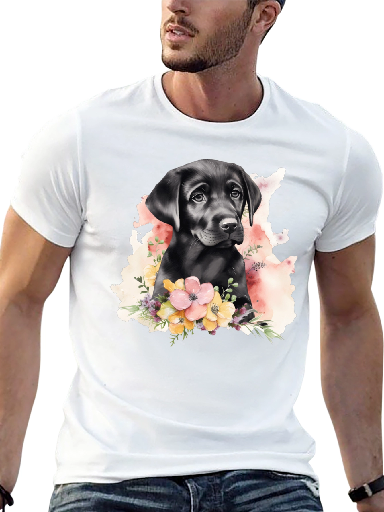 Labrador Puppy Floral T-Shirt - Black