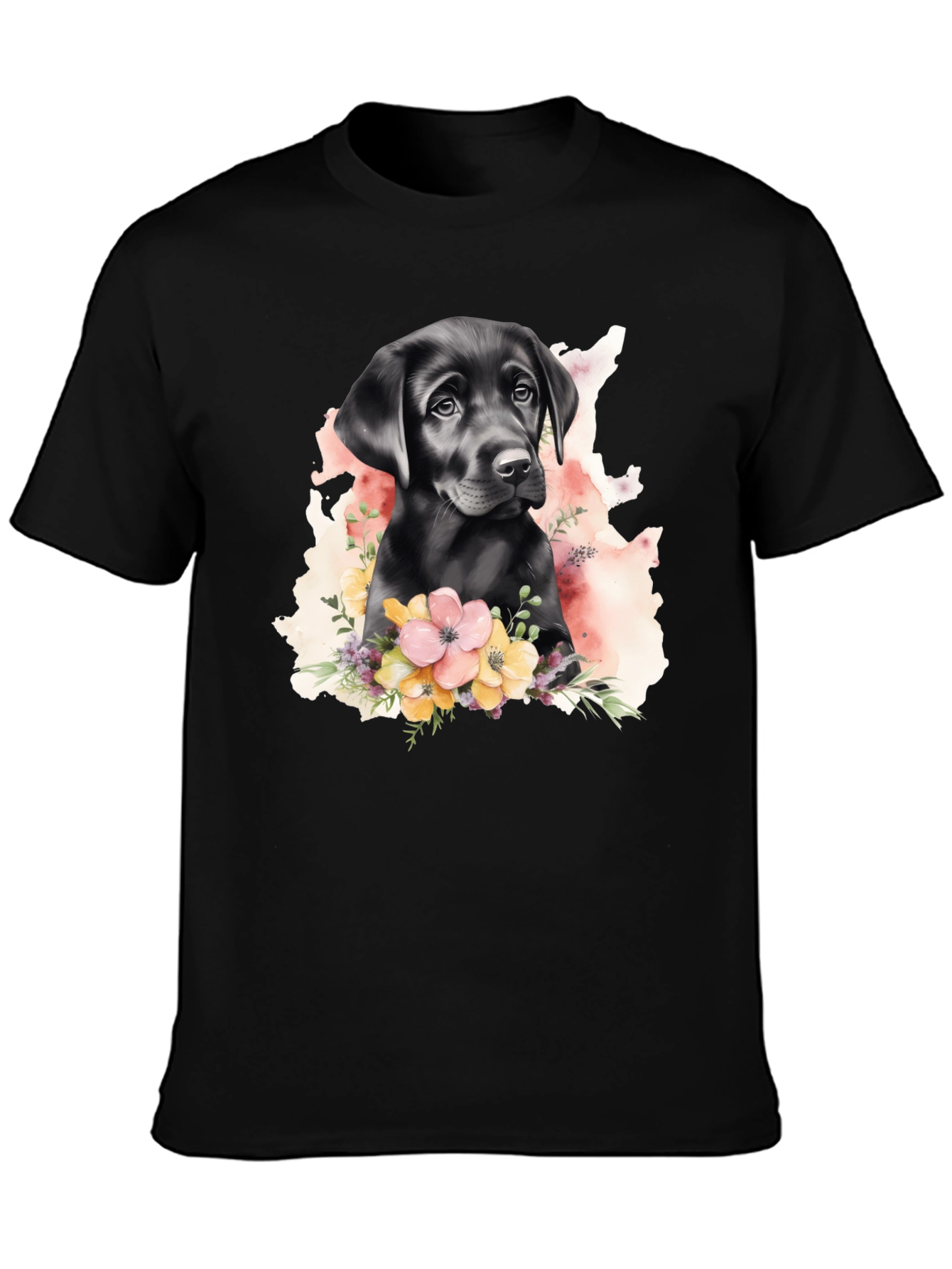 Labrador Puppy Floral T-Shirt - Black