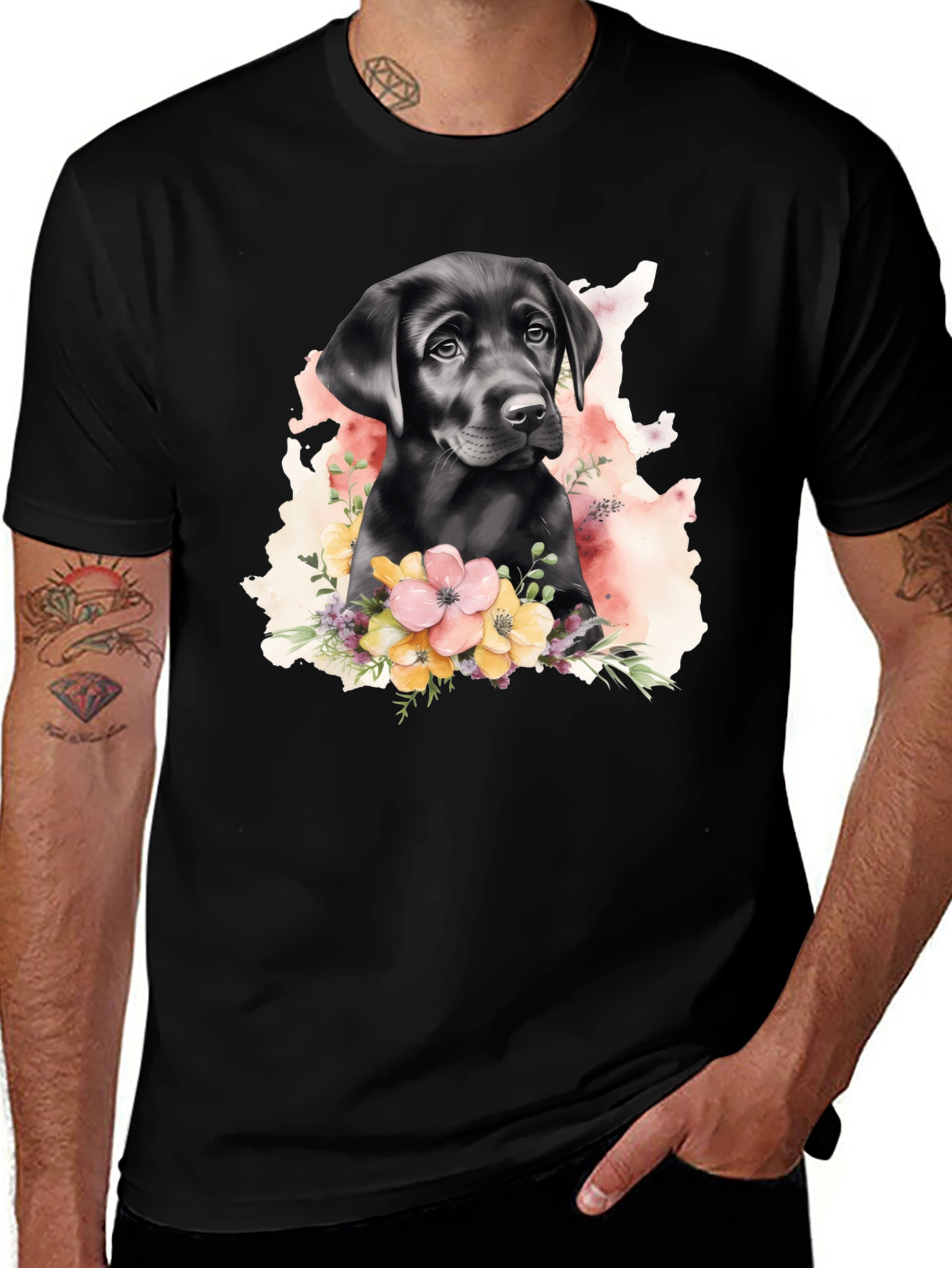 Labrador Puppy Floral T-Shirt - Black