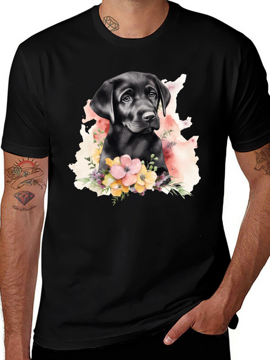 Labrador Puppy Floral T-Shirt - Black