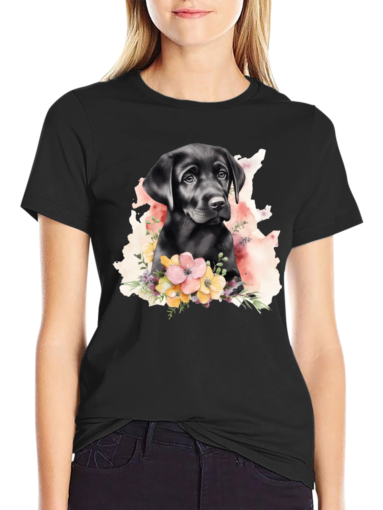 Labrador Puppy Floral T-Shirt - Black