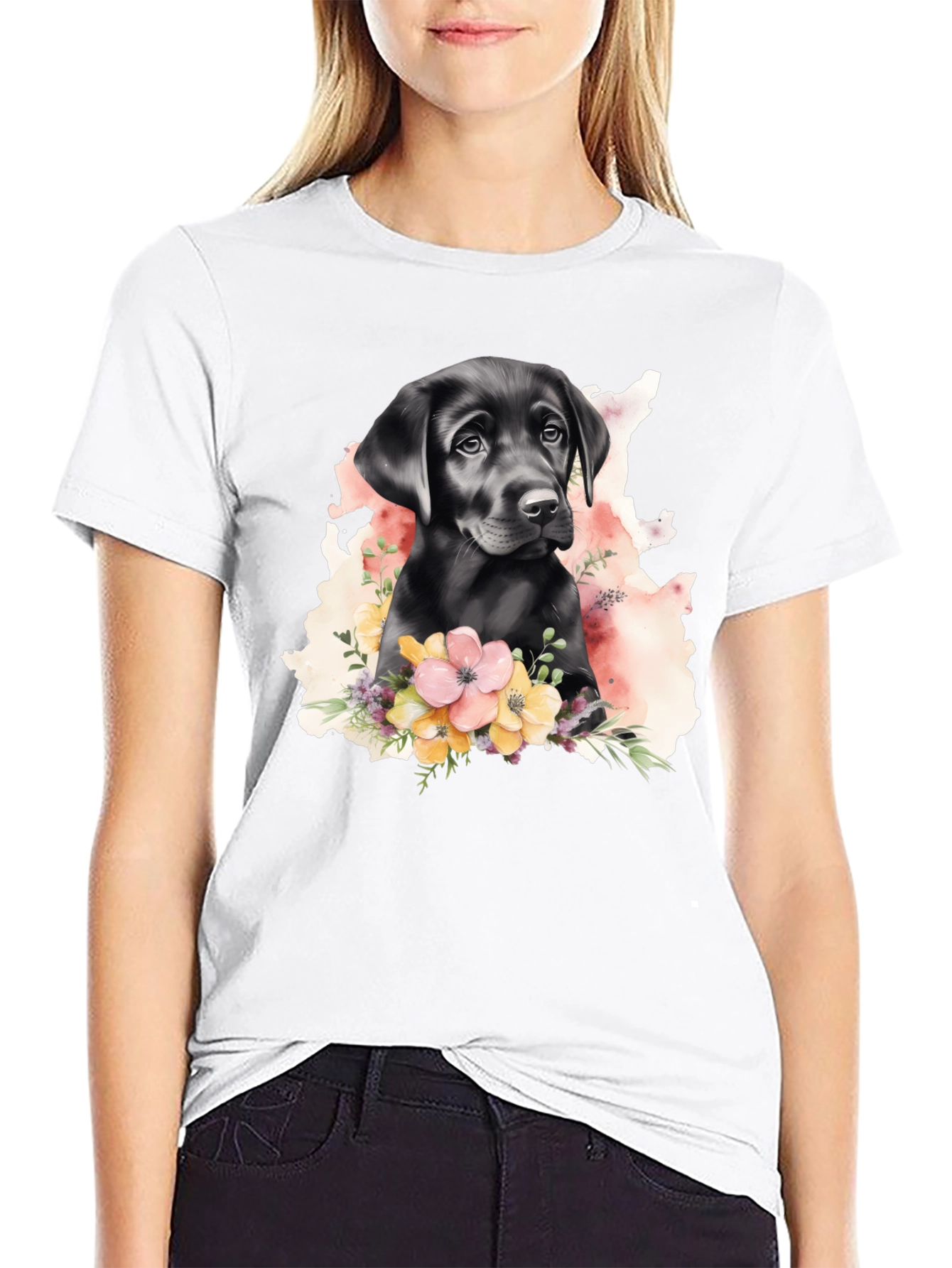 Labrador Puppy Floral T-Shirt - Black
