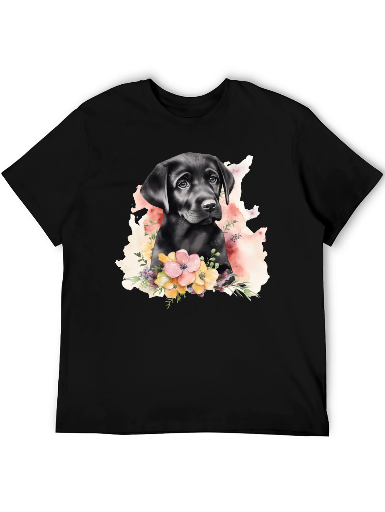 Labrador Puppy Floral T-Shirt - Black
