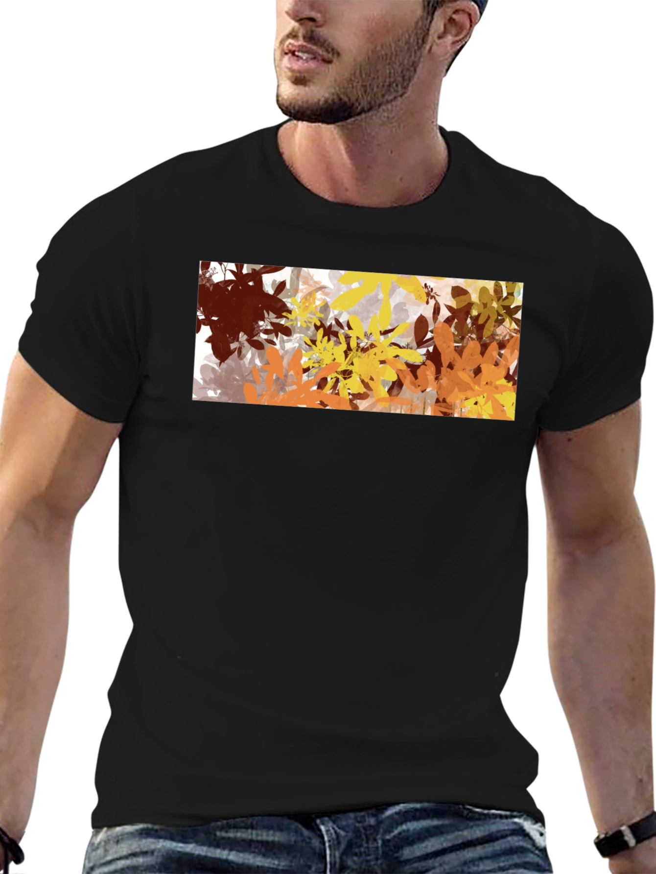 Abstract Autumn Leaves Graphic Black T-Shirt
