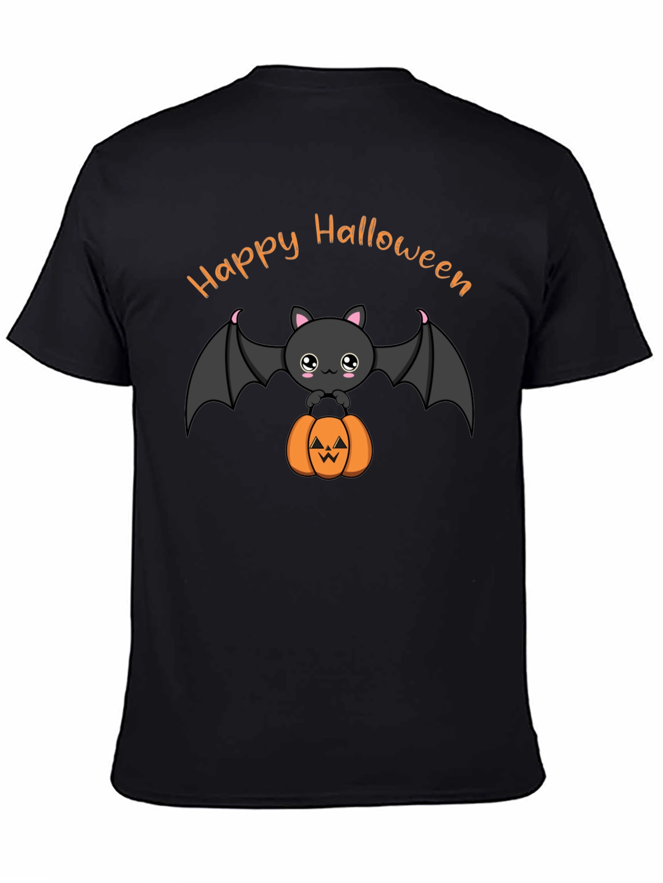 Cute Happy Halloween Bat and Pumpkin Black T-Shirt