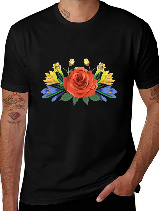 Floral Rose Graphic Tee - Stylish Mens Black T-Shirt