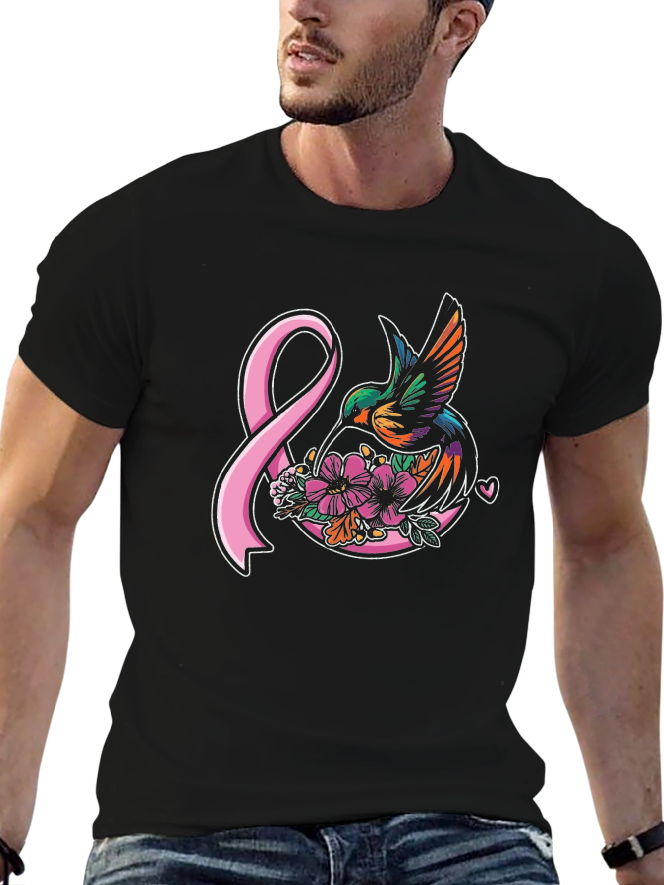 Hummingbird & Pink Ribbon Graphic T-Shirt