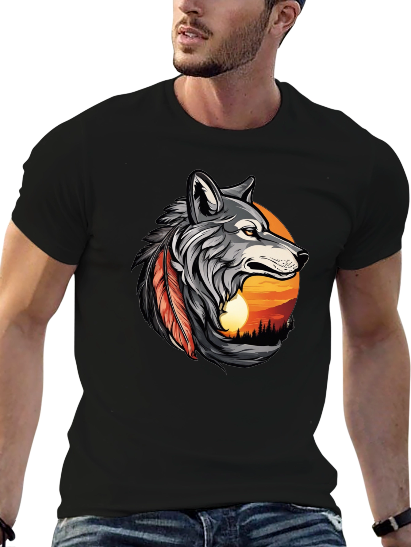 Wolf Sunset Graphic Tee - Mens Black T-Shirt
