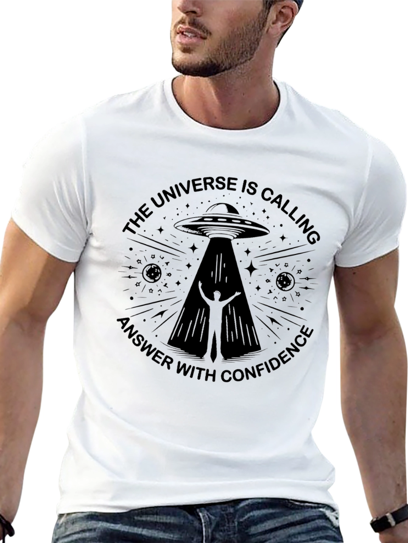 Universe Calling Graphic Tee - Black Alien Abduction T-Shirt