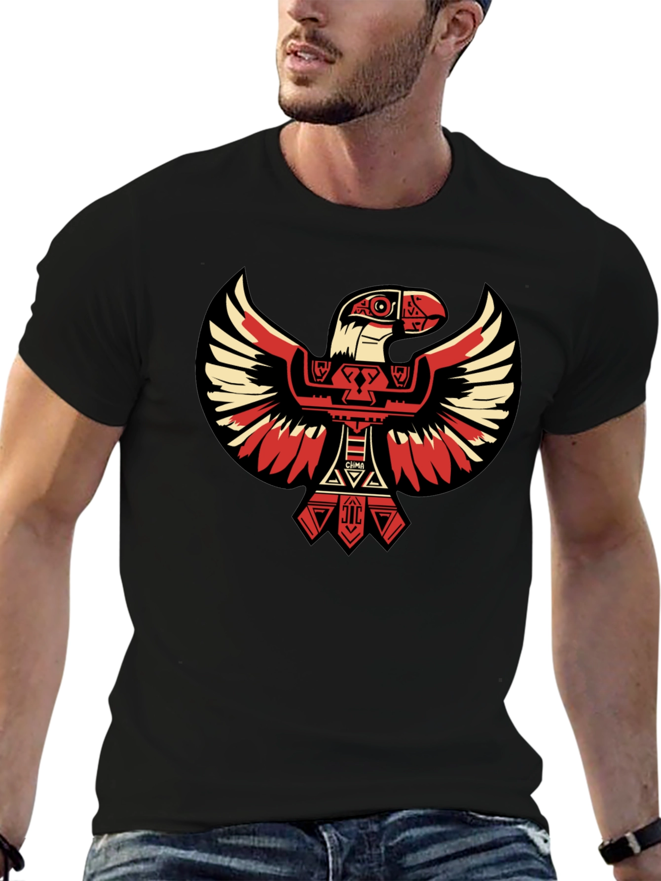 Aztec Eagle Graphic Tee - Black Cotton T-Shirt