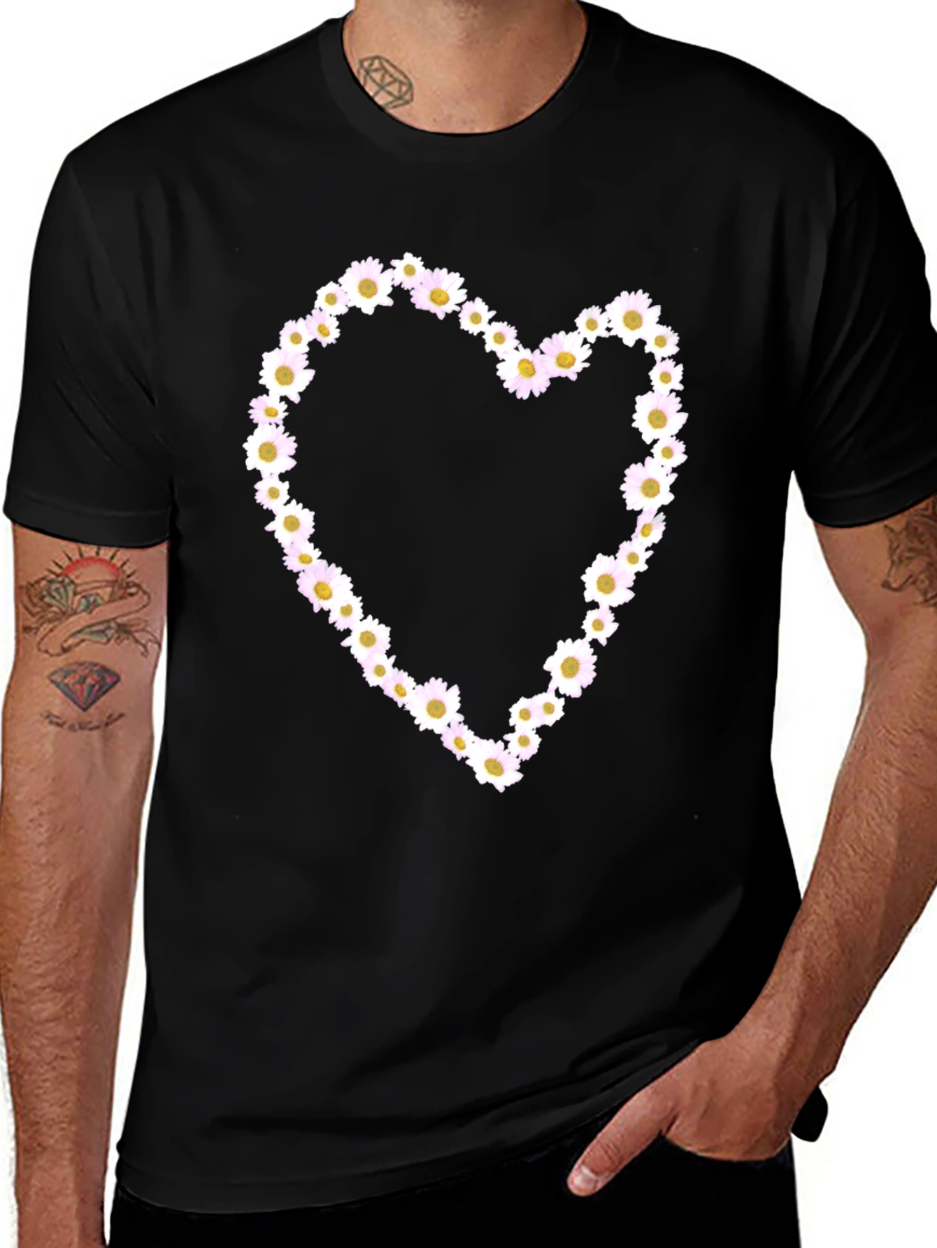 Daisy Heart Graphic Tee - Black Cotton T-Shirt