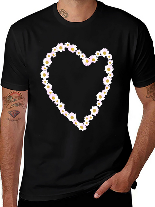 Daisy Heart Graphic Tee - Black Cotton T-Shirt